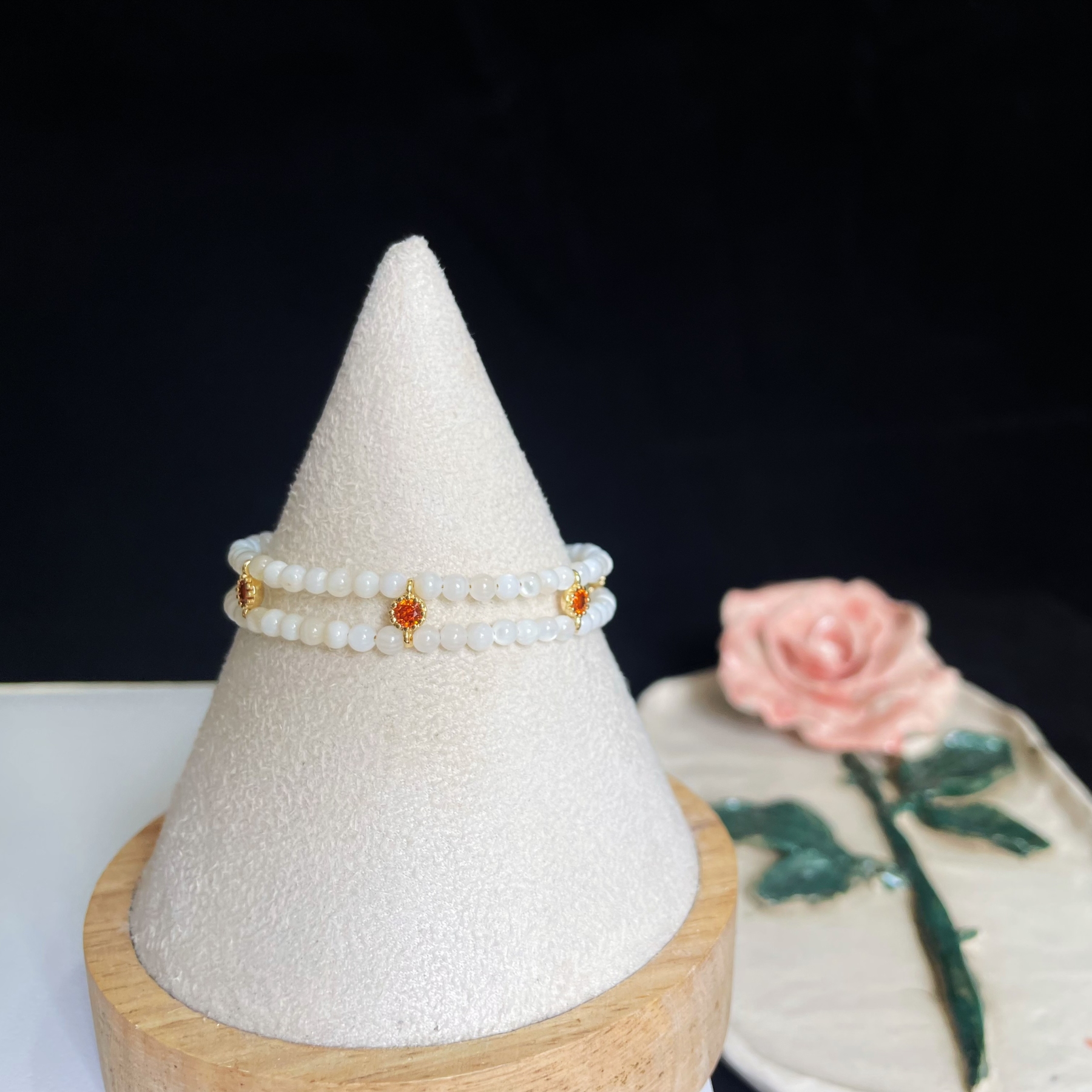 Elegant Double Line Mother-of-Pearl Bracelet with Orange Zircon