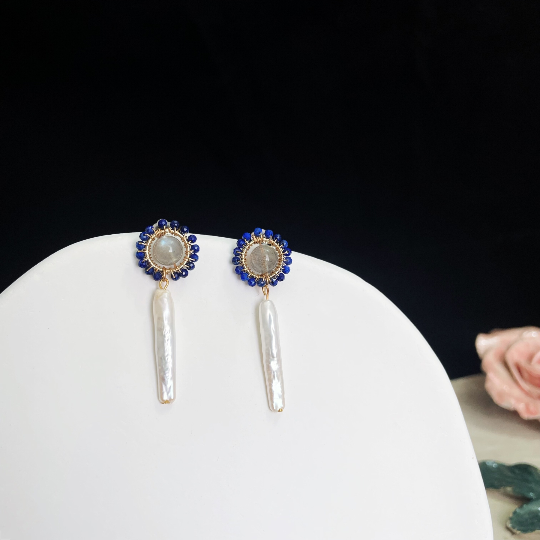 Blue Sunflower Earrings with Lapis Lazuli Petals Rainbow Labradorite Core and Baroque Pearl Stem