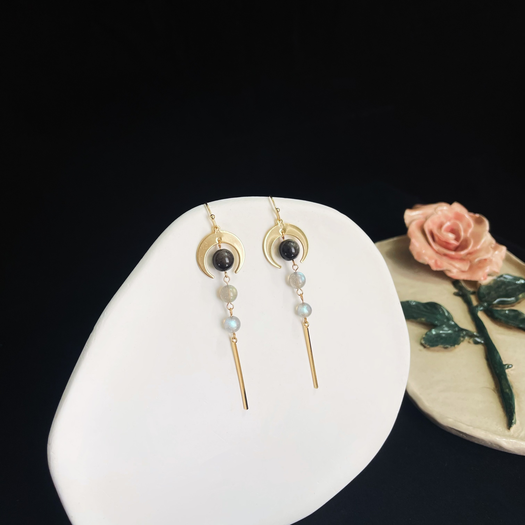 Moon Energy-Inspired Earrings with Silver Obsidian and Rainbow Labradorite