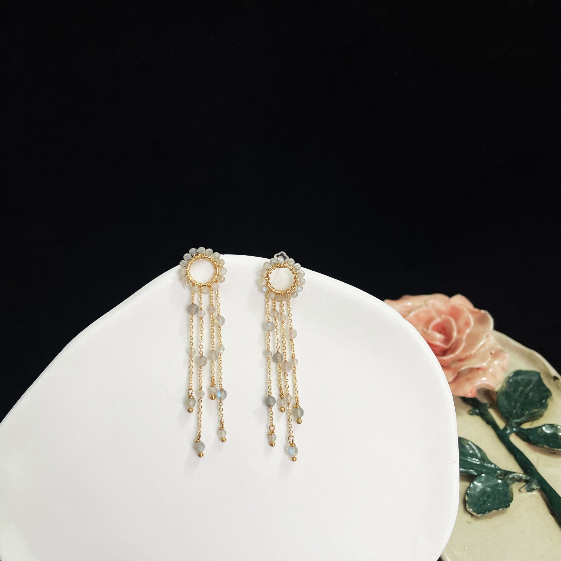 Labradorite Faceted Beads Woven Circle Earrings with Labradorite Chain Tassels