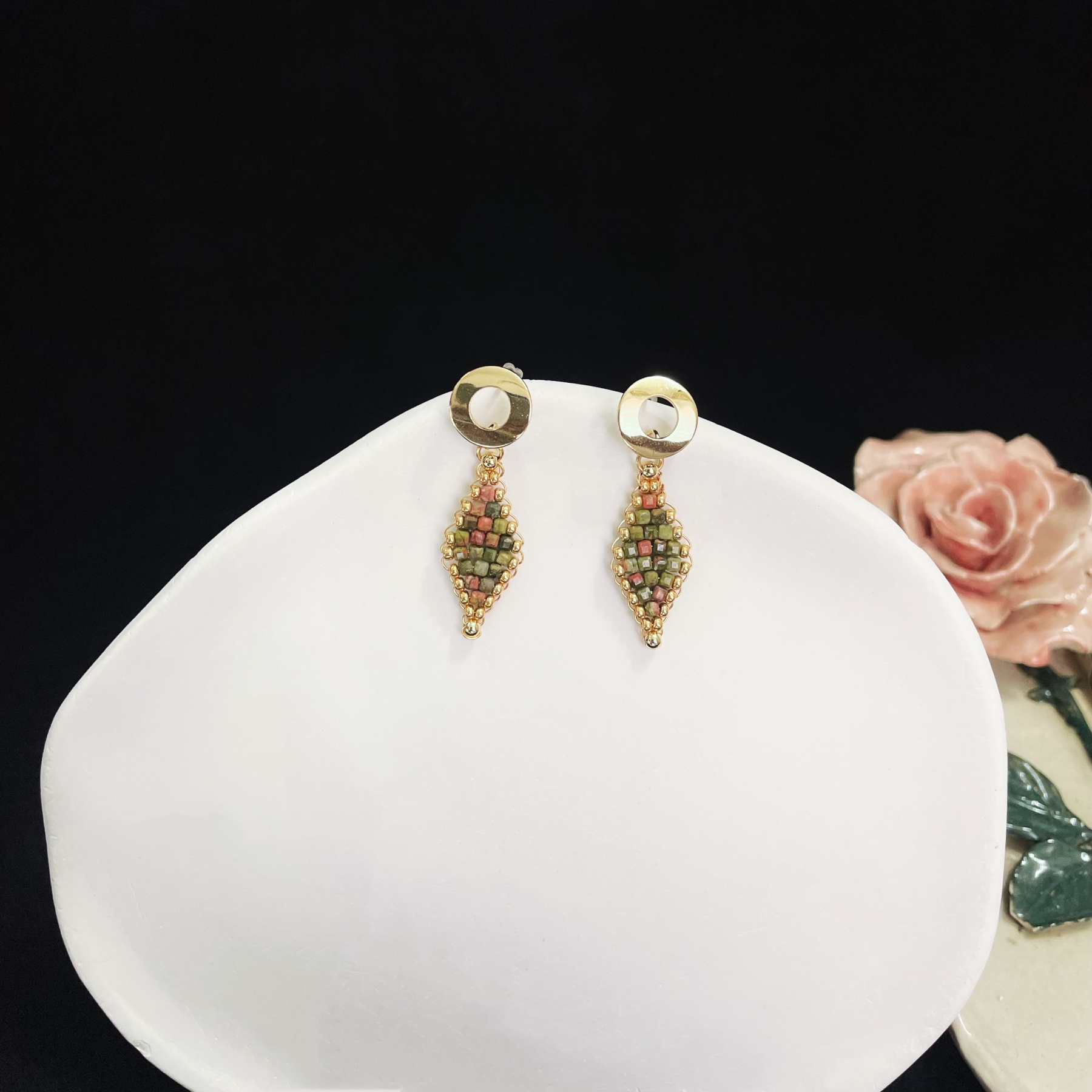 Unakite Cube Woven Rhomboid Design Beads Earrings