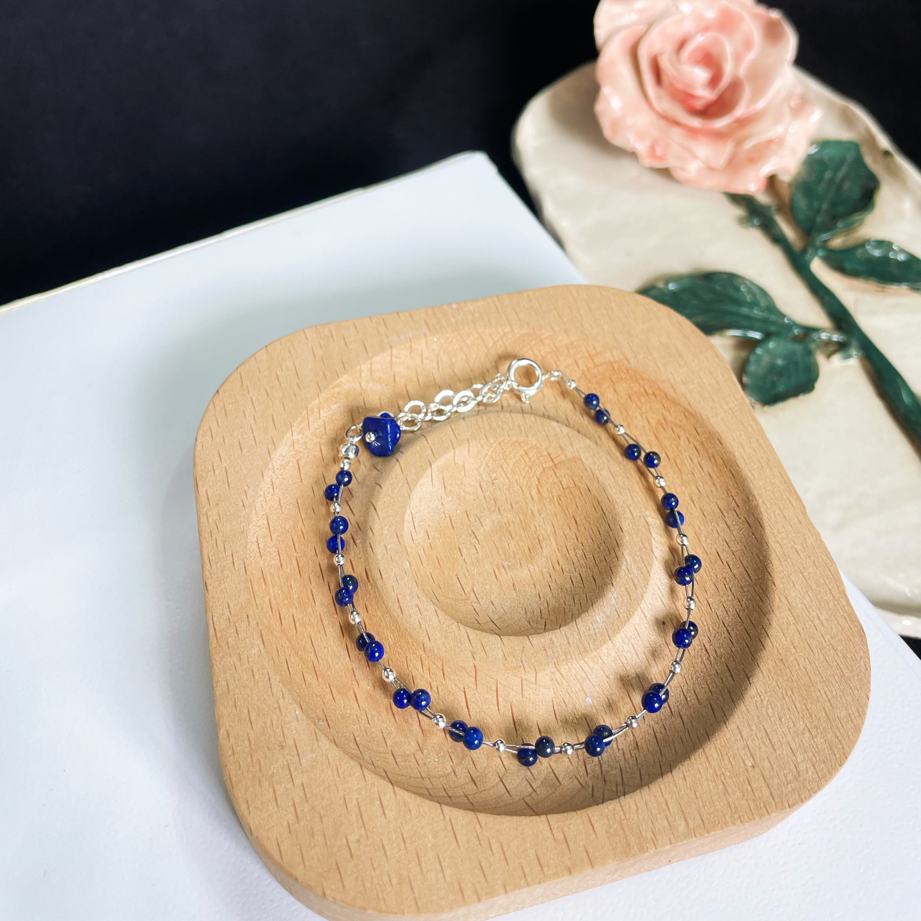 Woven Dual Line Lapis Lazuli Round Beads Bracelet 