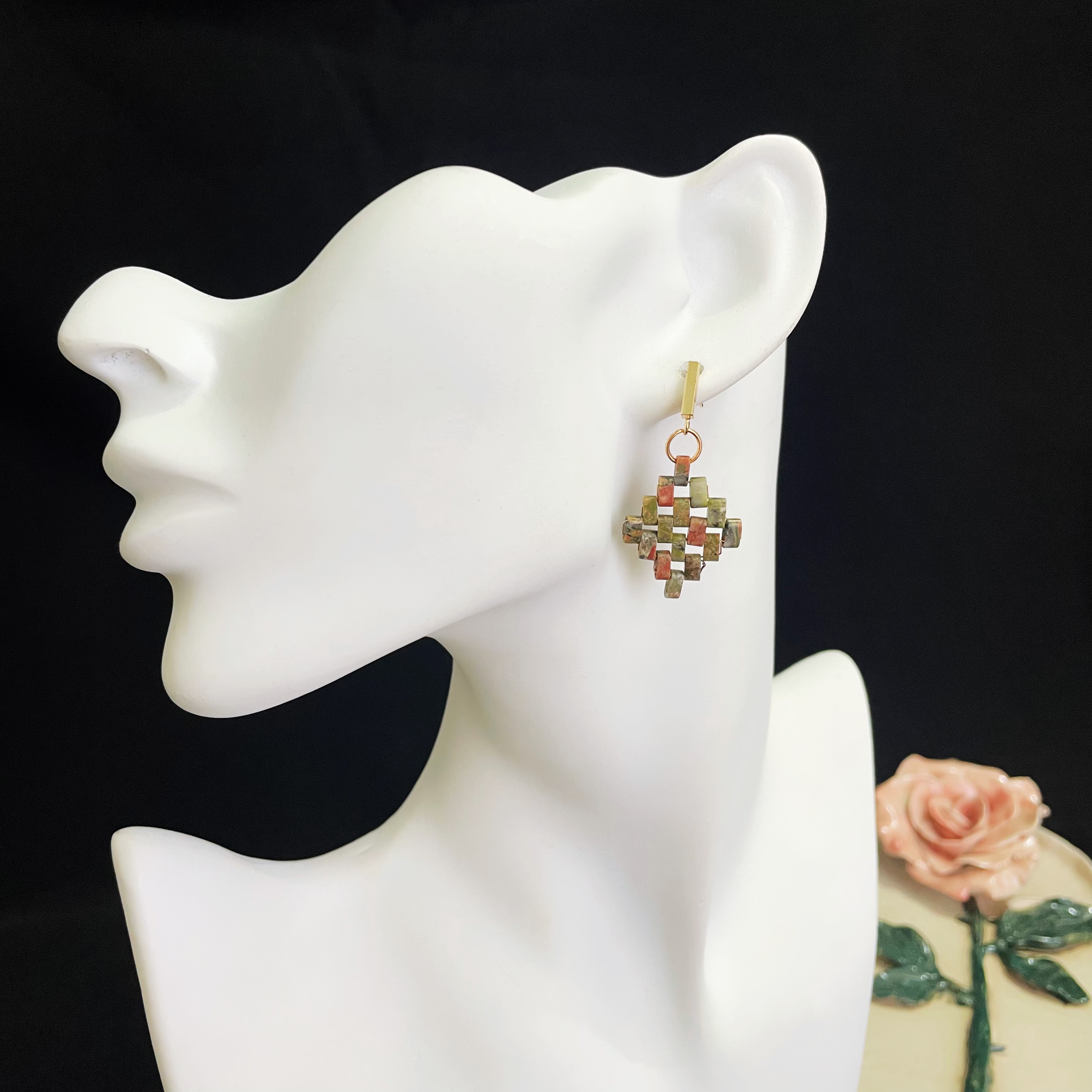 Handmade Unakite Rectangle Beads Woven Rhomboid Shaped Earrings