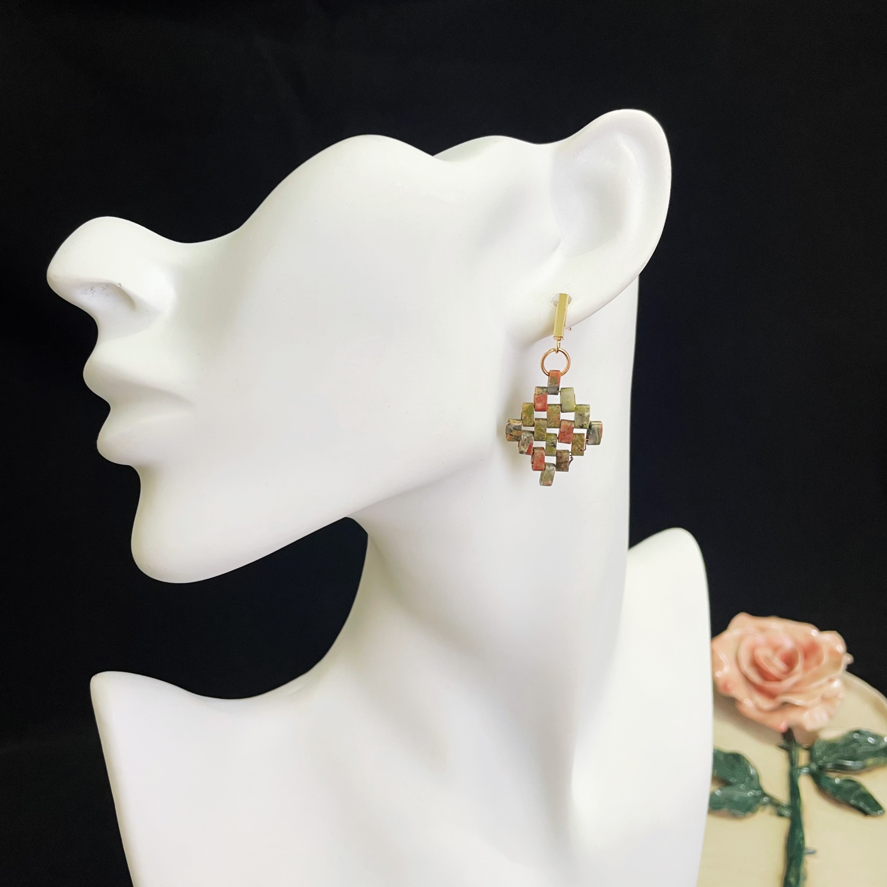 Handmade Unakite Rectangle Beads Woven Rhomboid Shaped Earrings