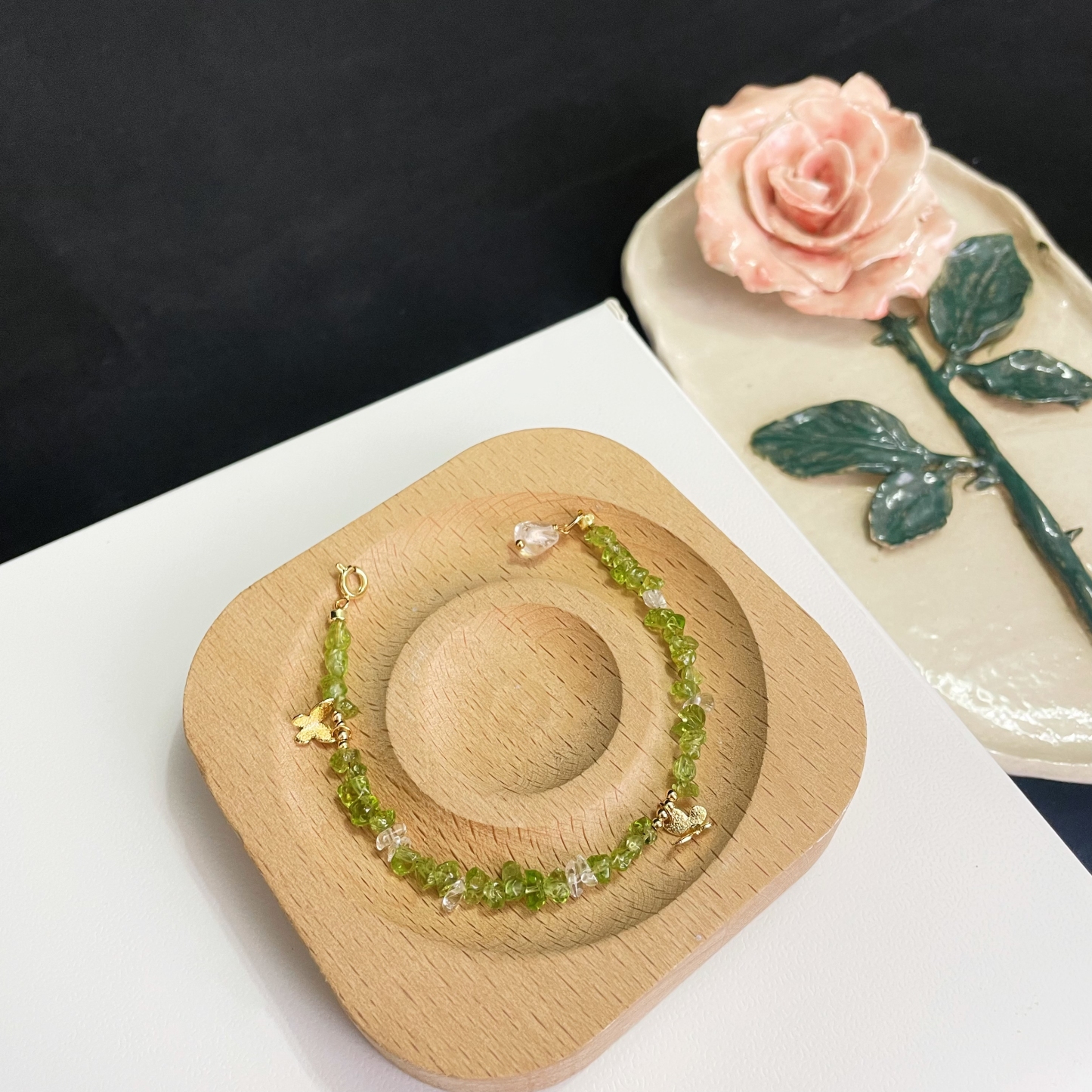 INFP Vitality Bracelet Irregular Peridot & Clear Quartz with Gold Butterfly Charms