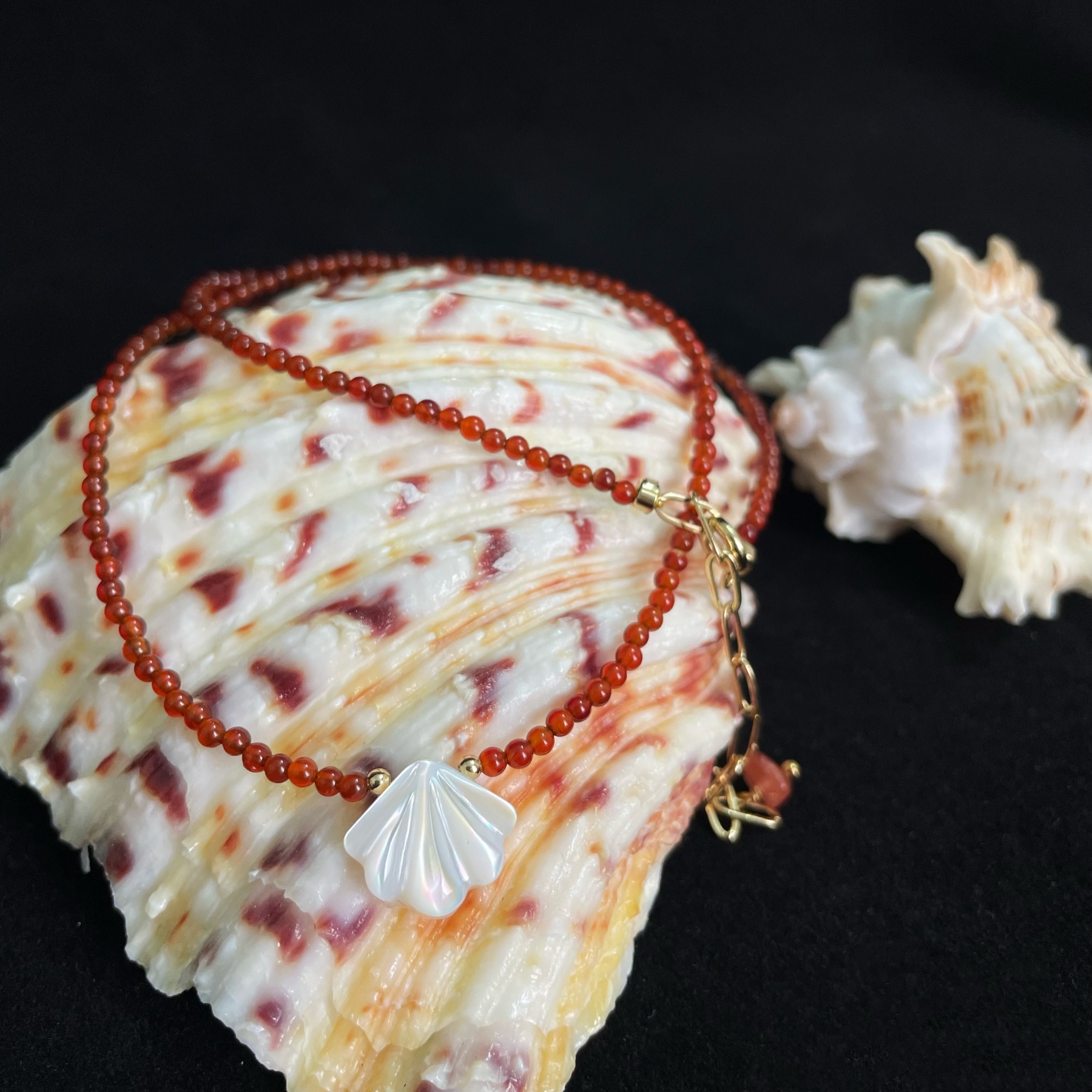 Red Agate and White Shell Charm Necklace