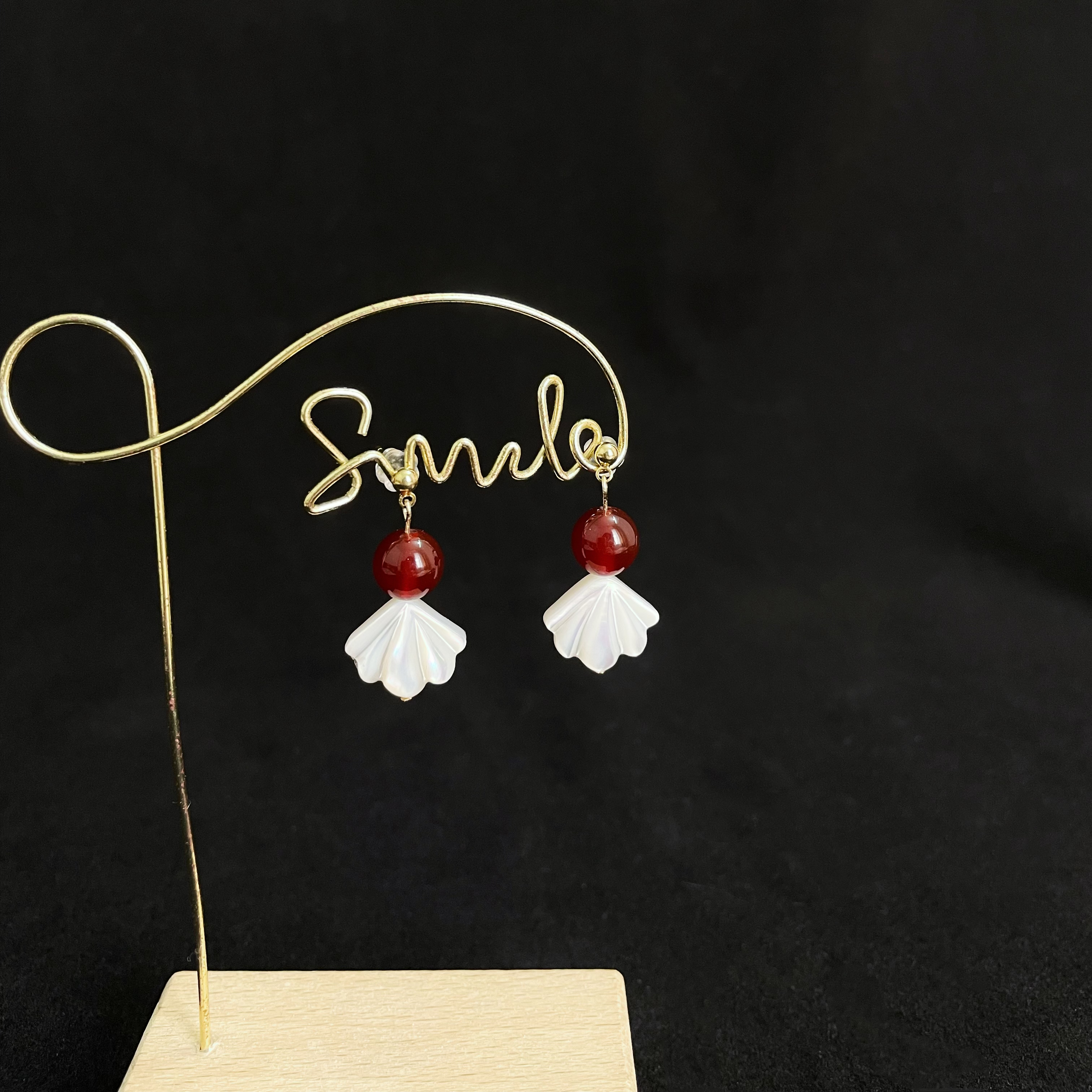 Goldfish Inspired Earrings Red Agate and White Shell Fishtail Design