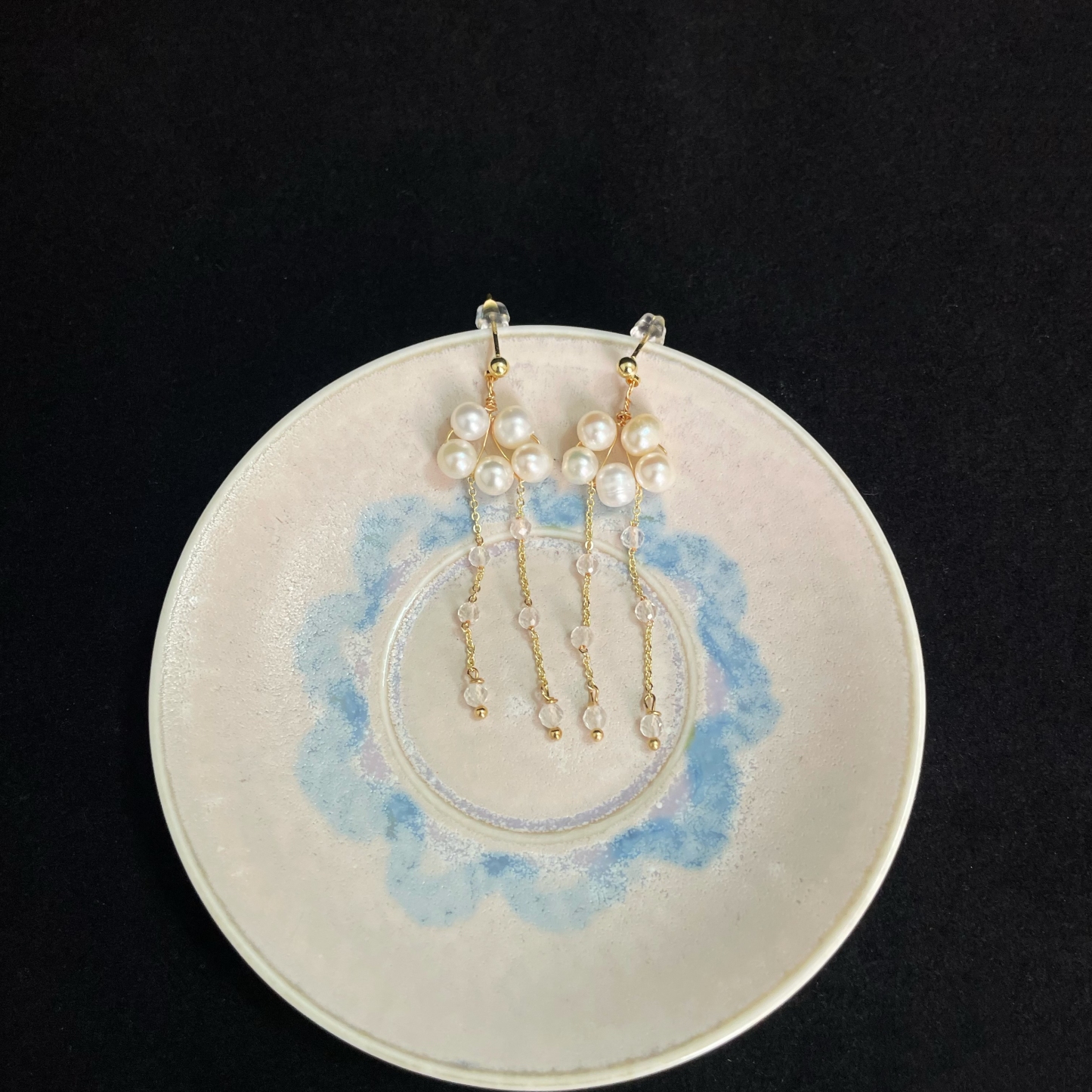 Rainy Cloud Earrings Freshwater Pearl Cloud and Clear Quartz Rain