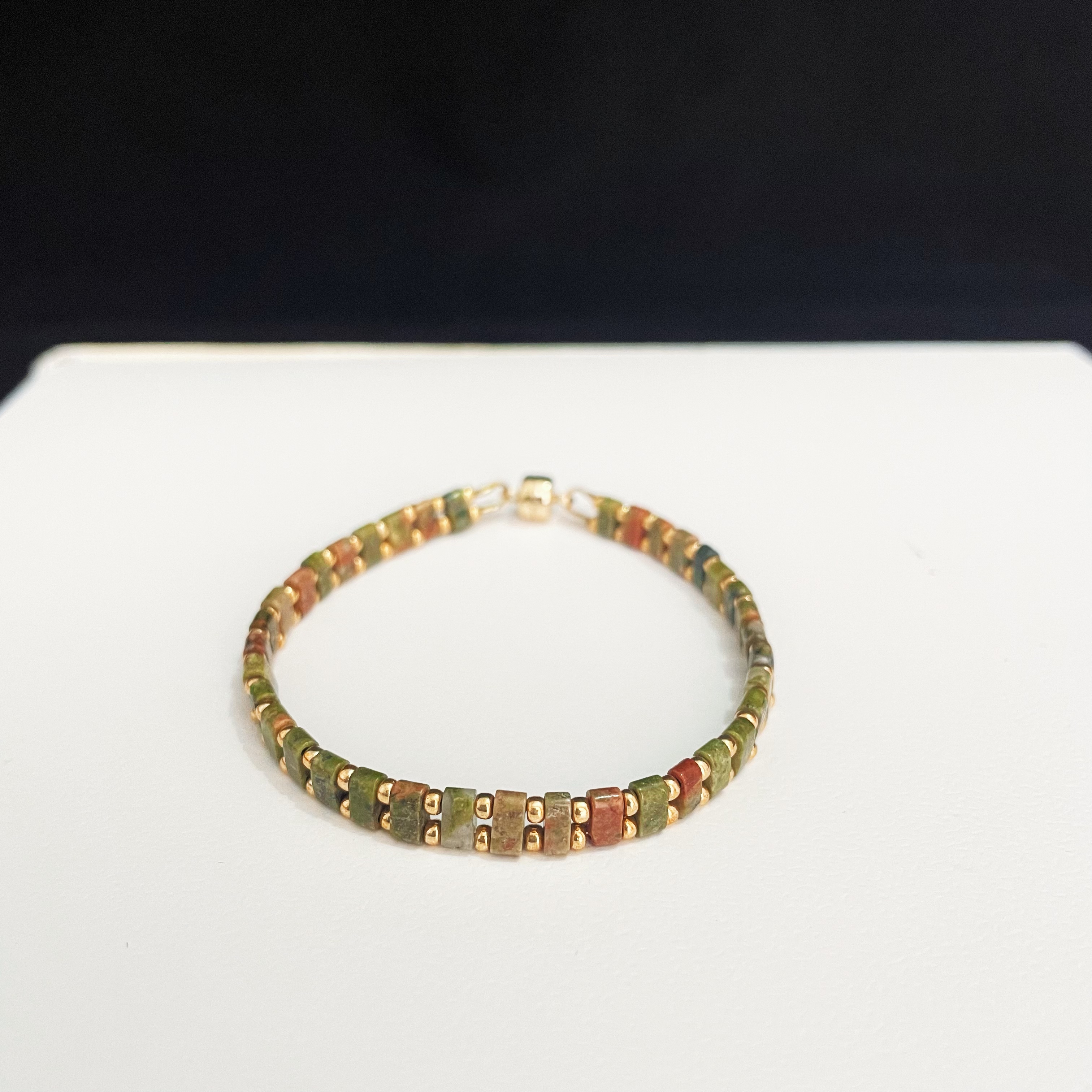 Handcrafted Unakite and Gold Seed Bead Bracelet with Magnetic Buckle