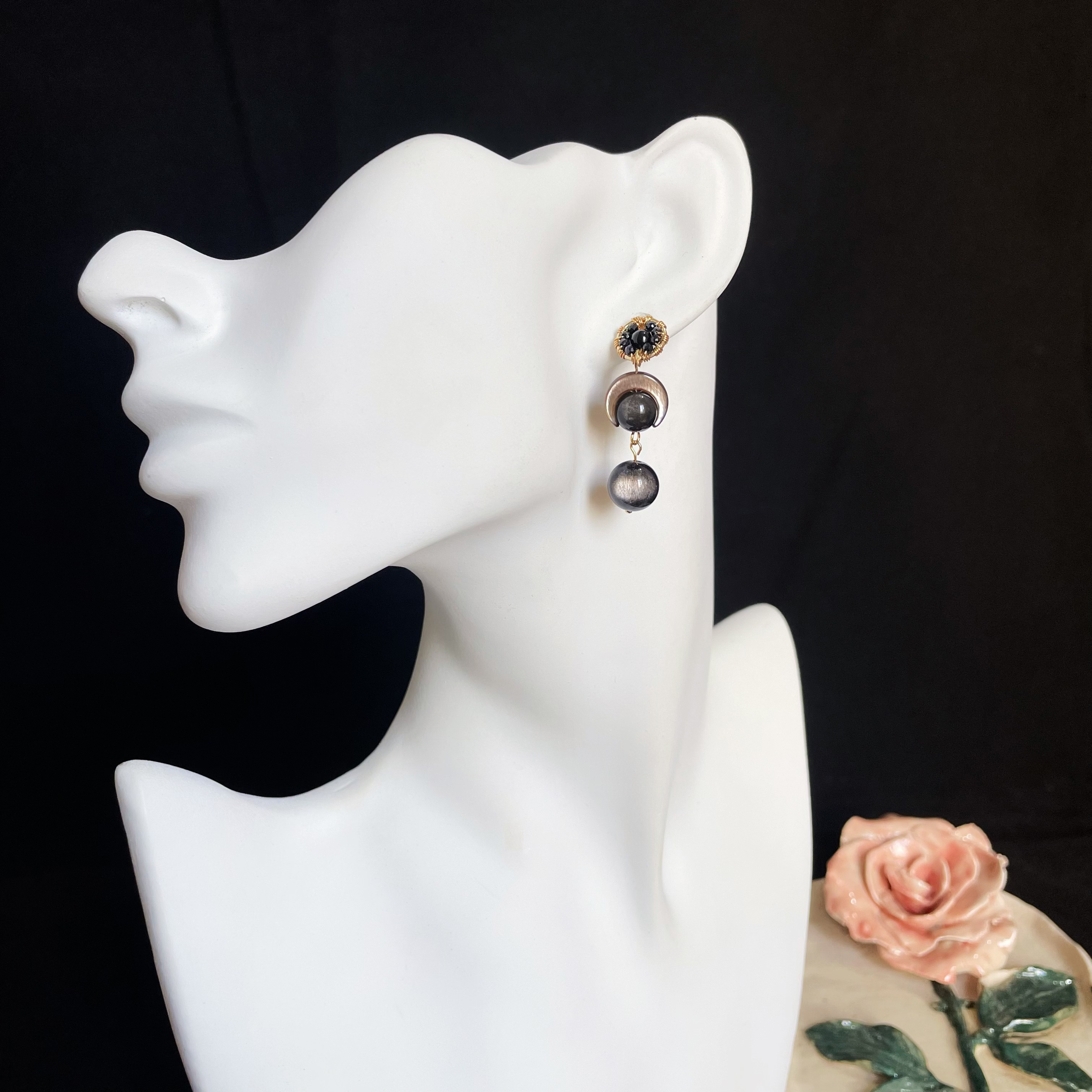 Stunning Three-Layer Black Bead Earrings