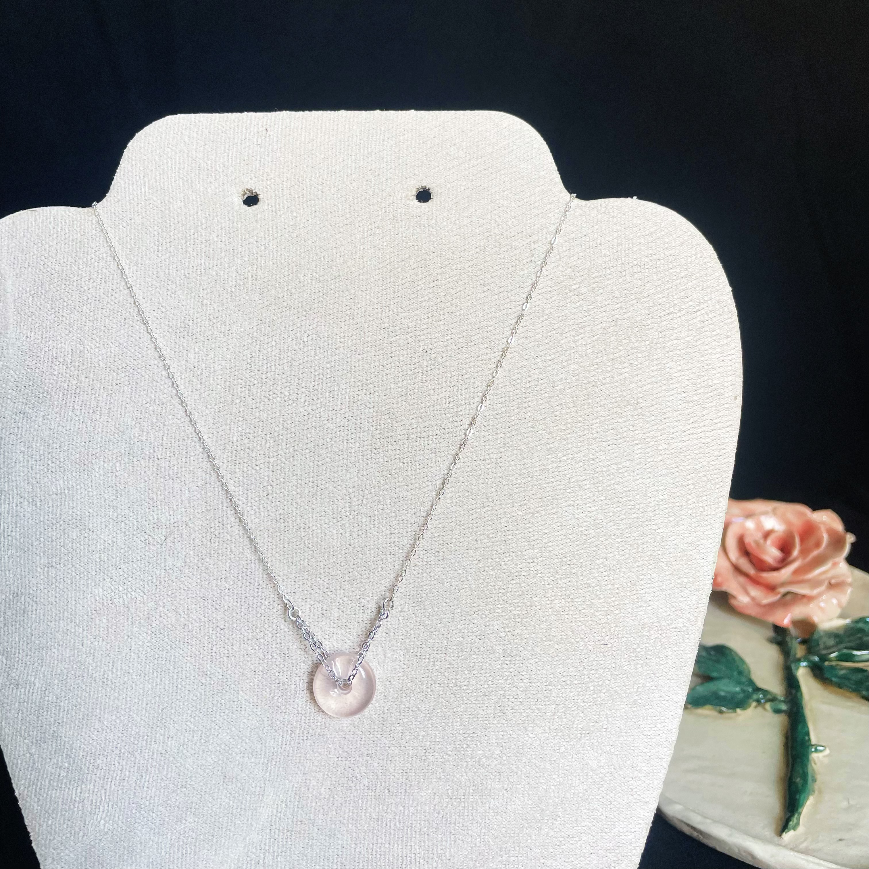 Sweet 925 Sterling Silver Necklace with Mozambique Rose Quartz Doughnut Pendant