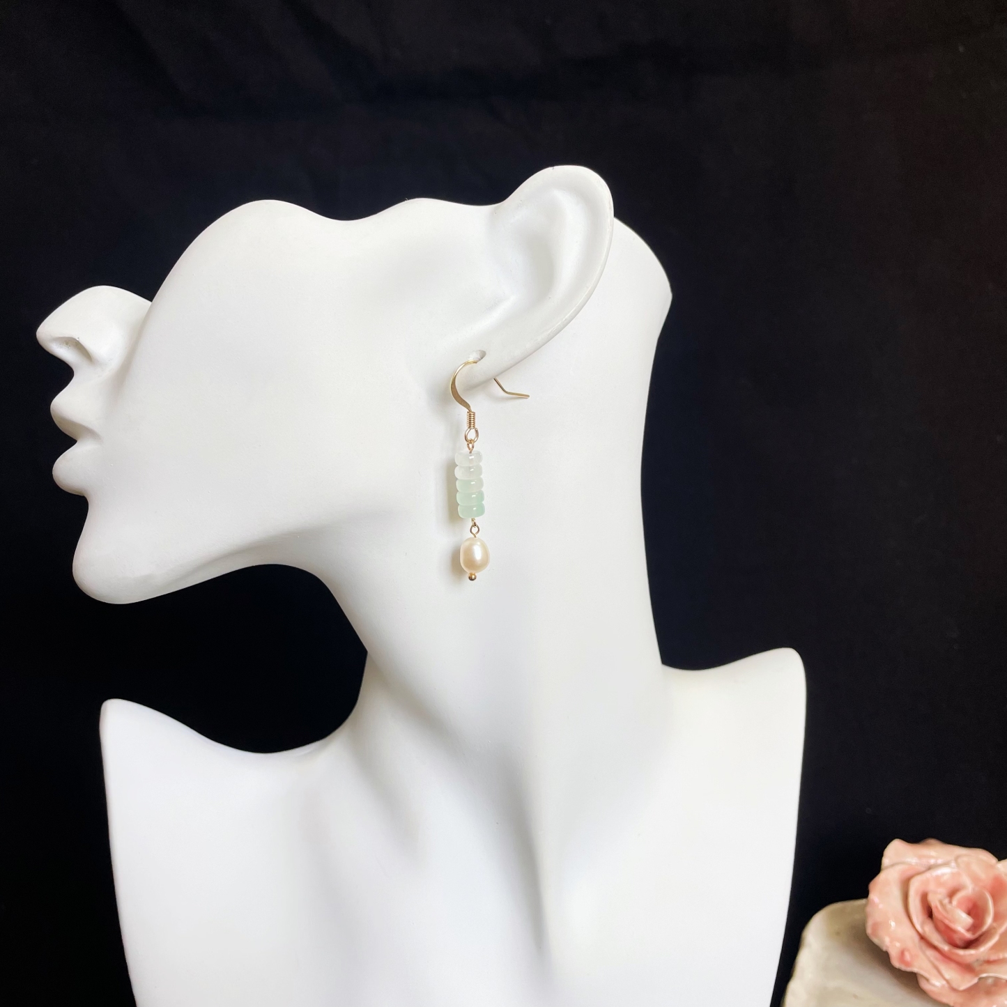 Charming Ice Light Green Jadeite Wheel Beads and Freshwater Pearls Earrings