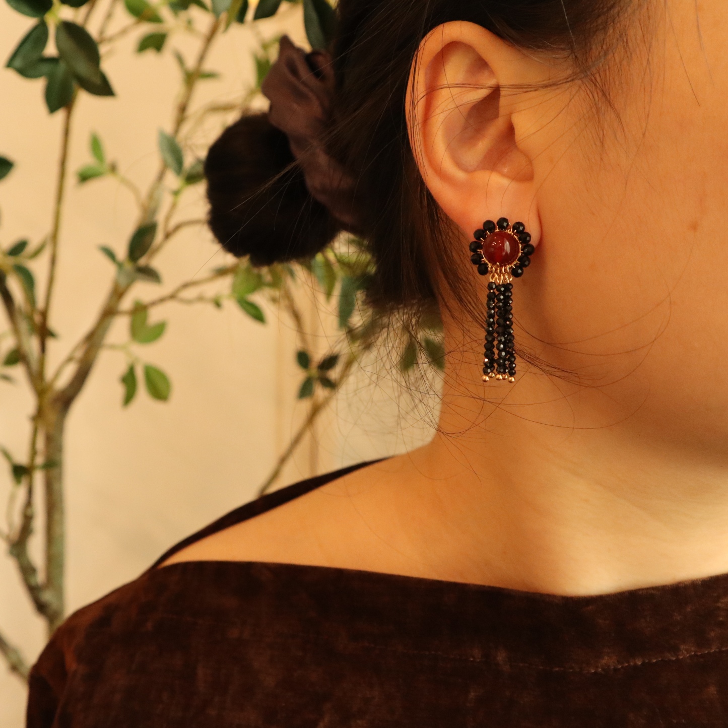 Red Agate and Black Spinel Woven Flower with Tassels Earrings
