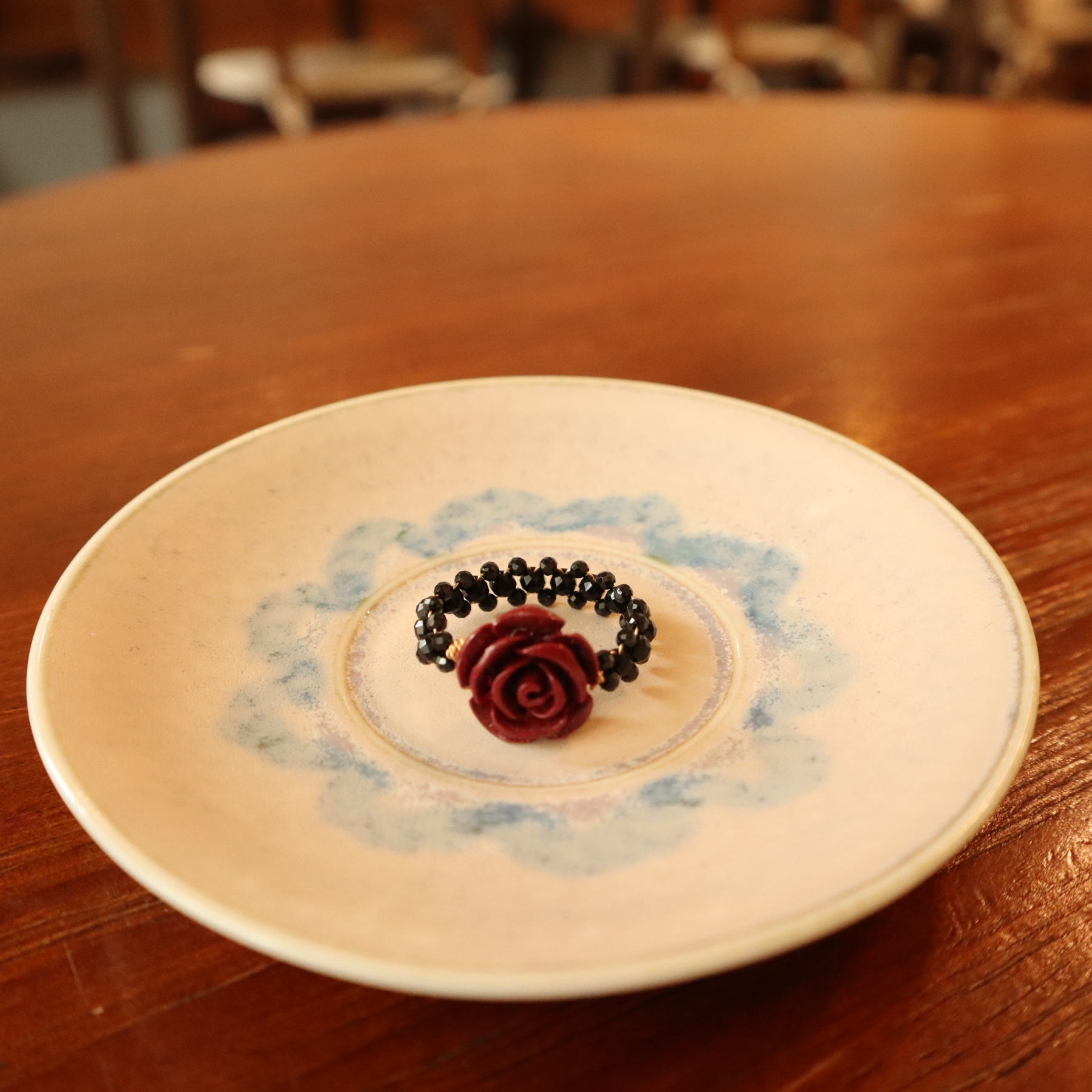 Spinel Faced Beads Woven Lace Ring with Cinnabar Rose Centre