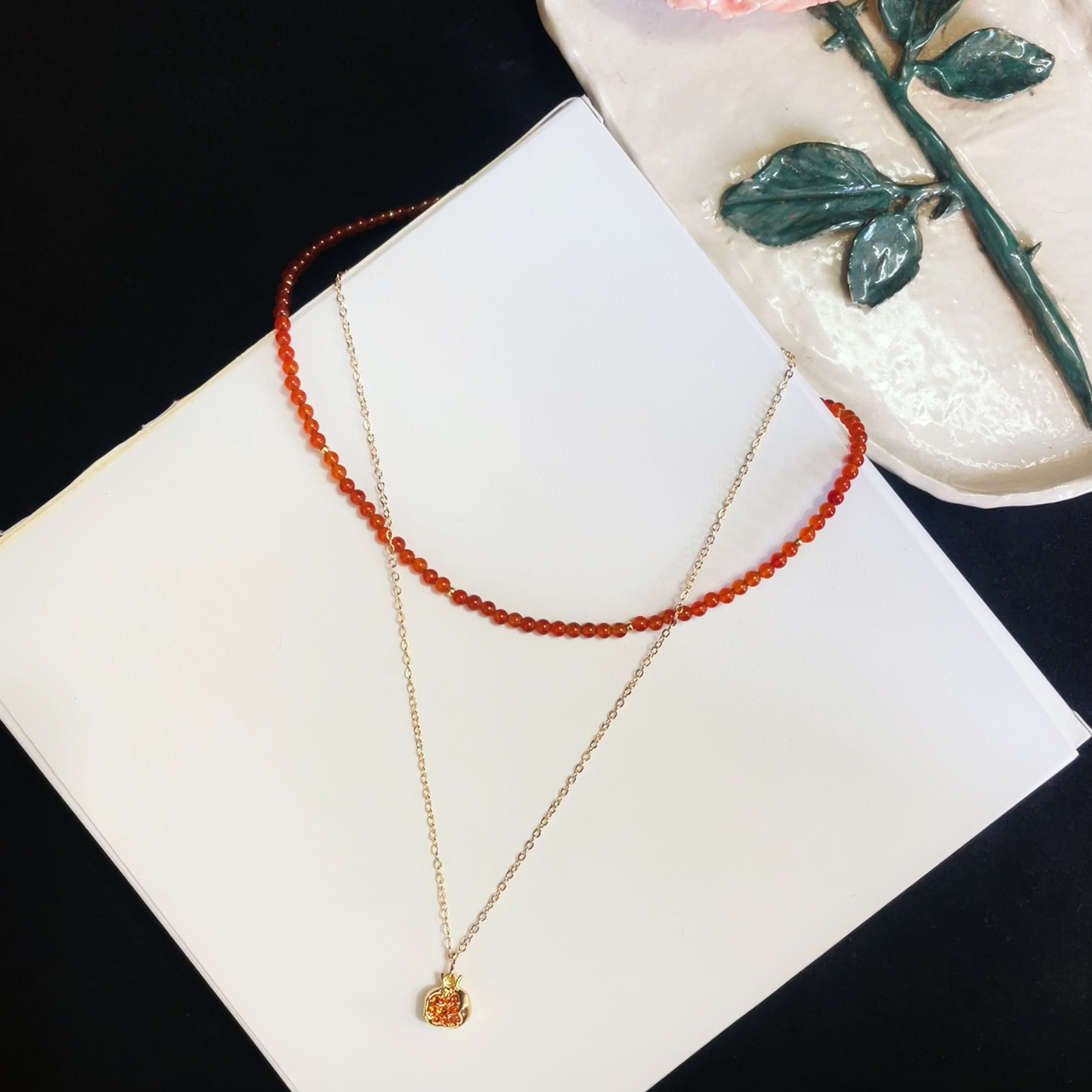 Double Stacked Necklace with Red Agate & Pomegranate Pendant