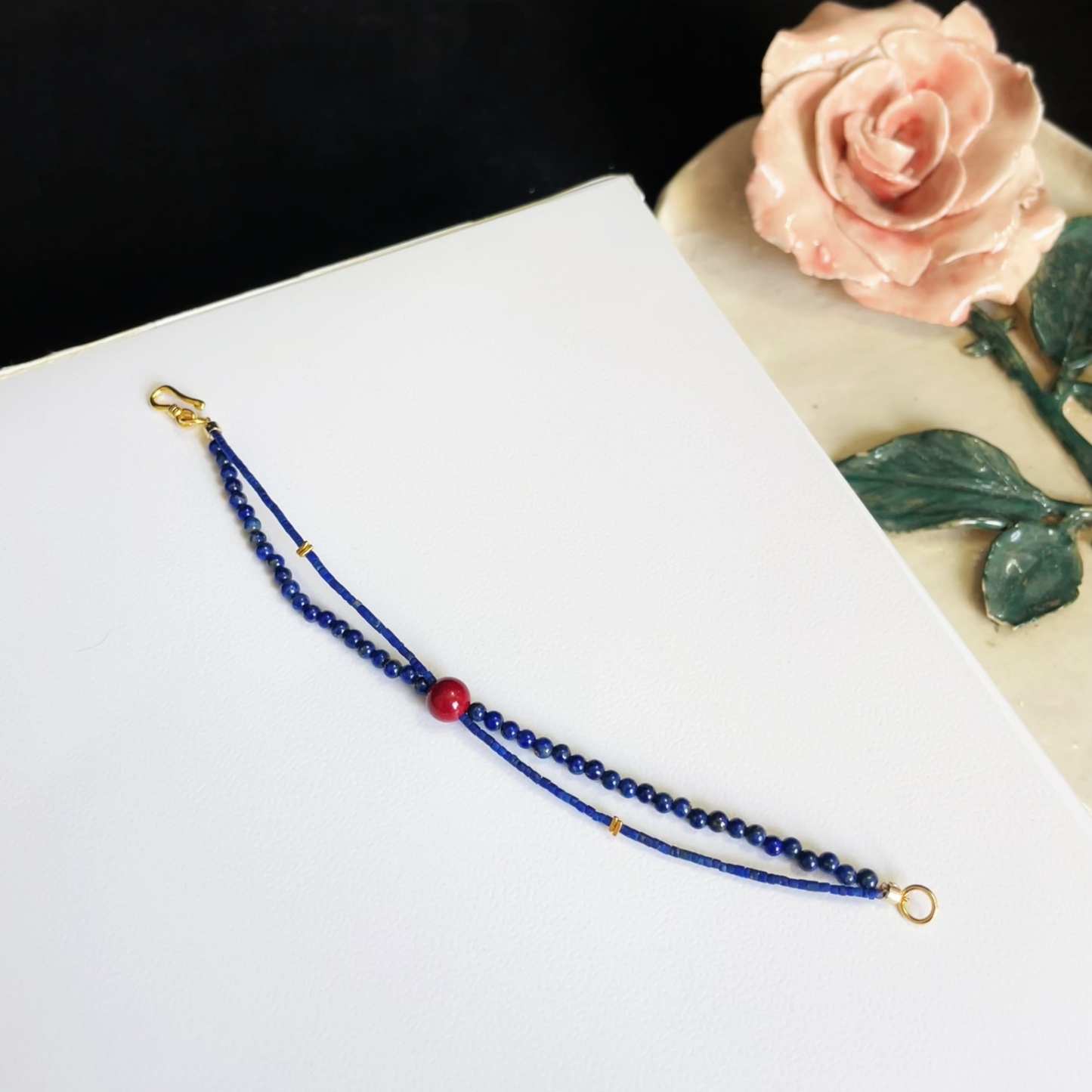 Dual Lines Lapis Lazuli Beads Bracelet with Cinnabar Center