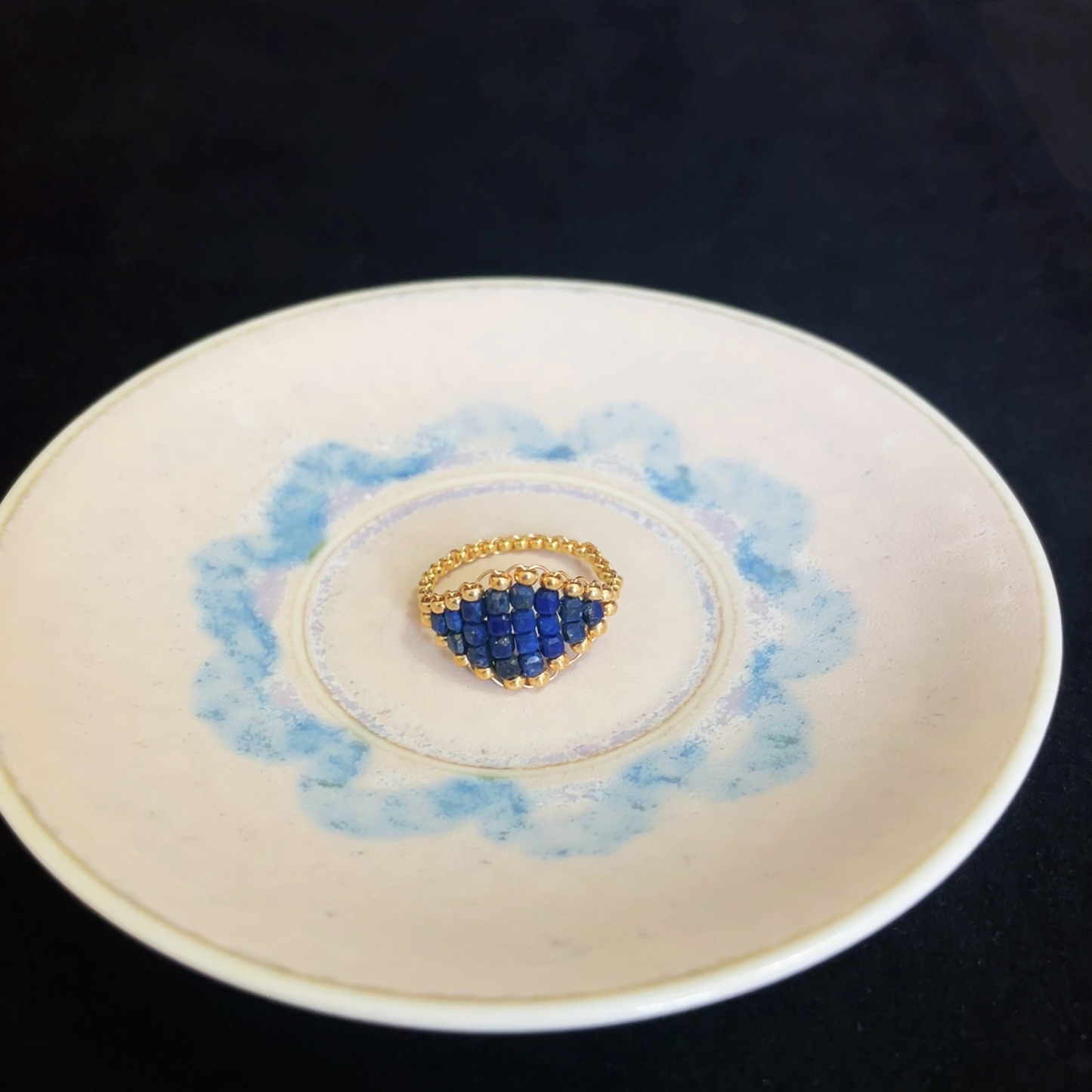 Evil Eye Inspired Lapis Lazuli & Gold Seed Beads Woven Ring