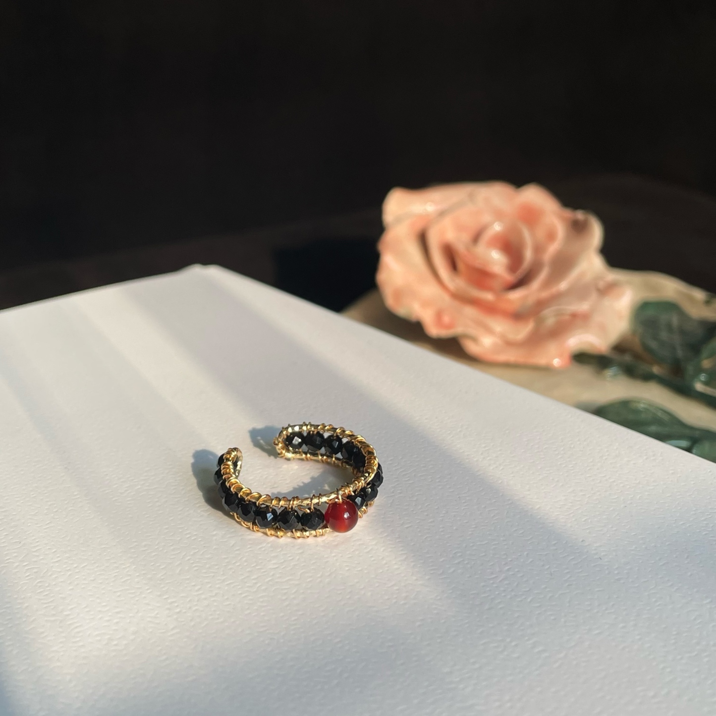 Black Spinel and Red Agate Woven Open Ring