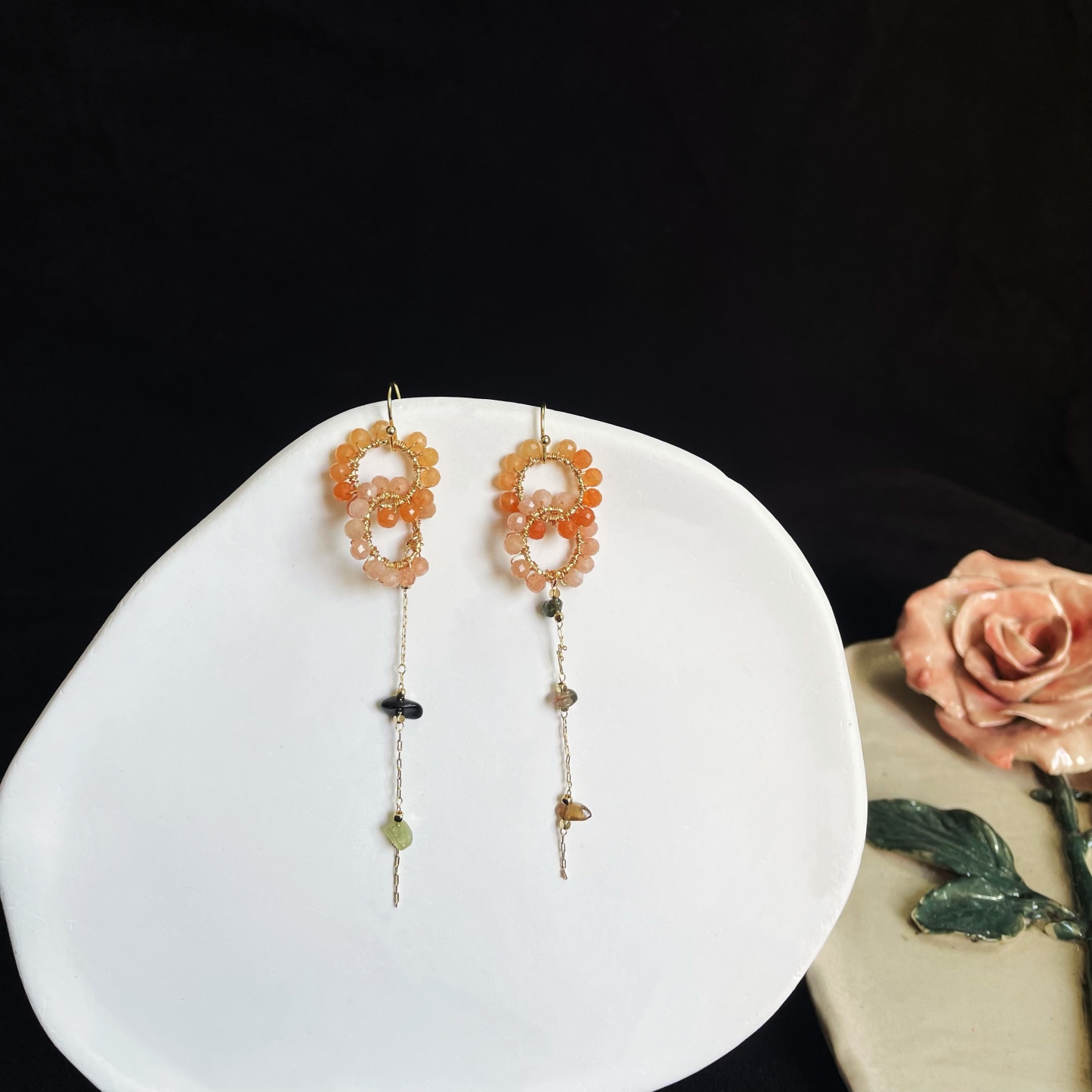 Orange Gemstone Dual Ring Earrings with Tourmaline Raw Stones Chain