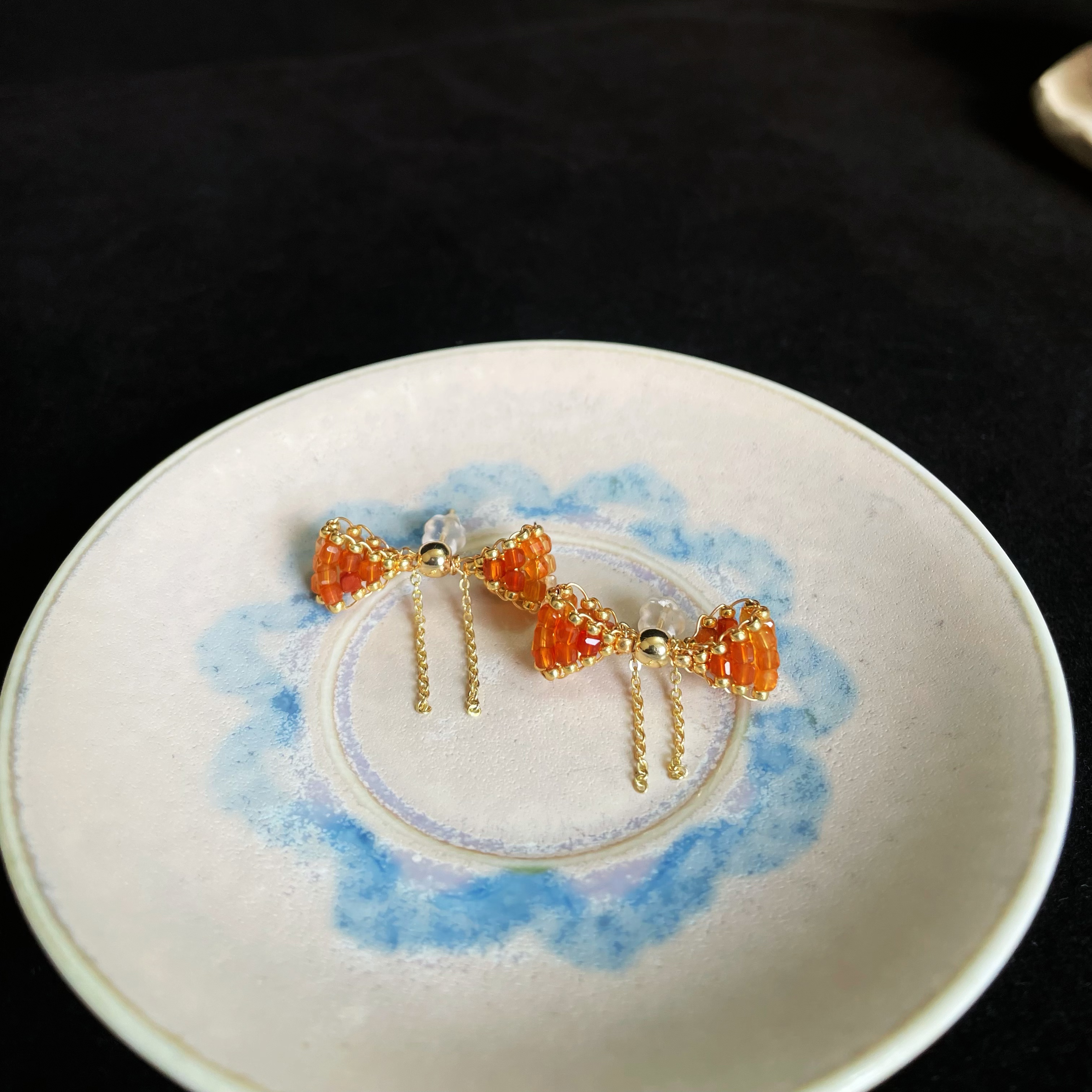 Red Agate Woven Orange-Red Bowknot Stud Earrings