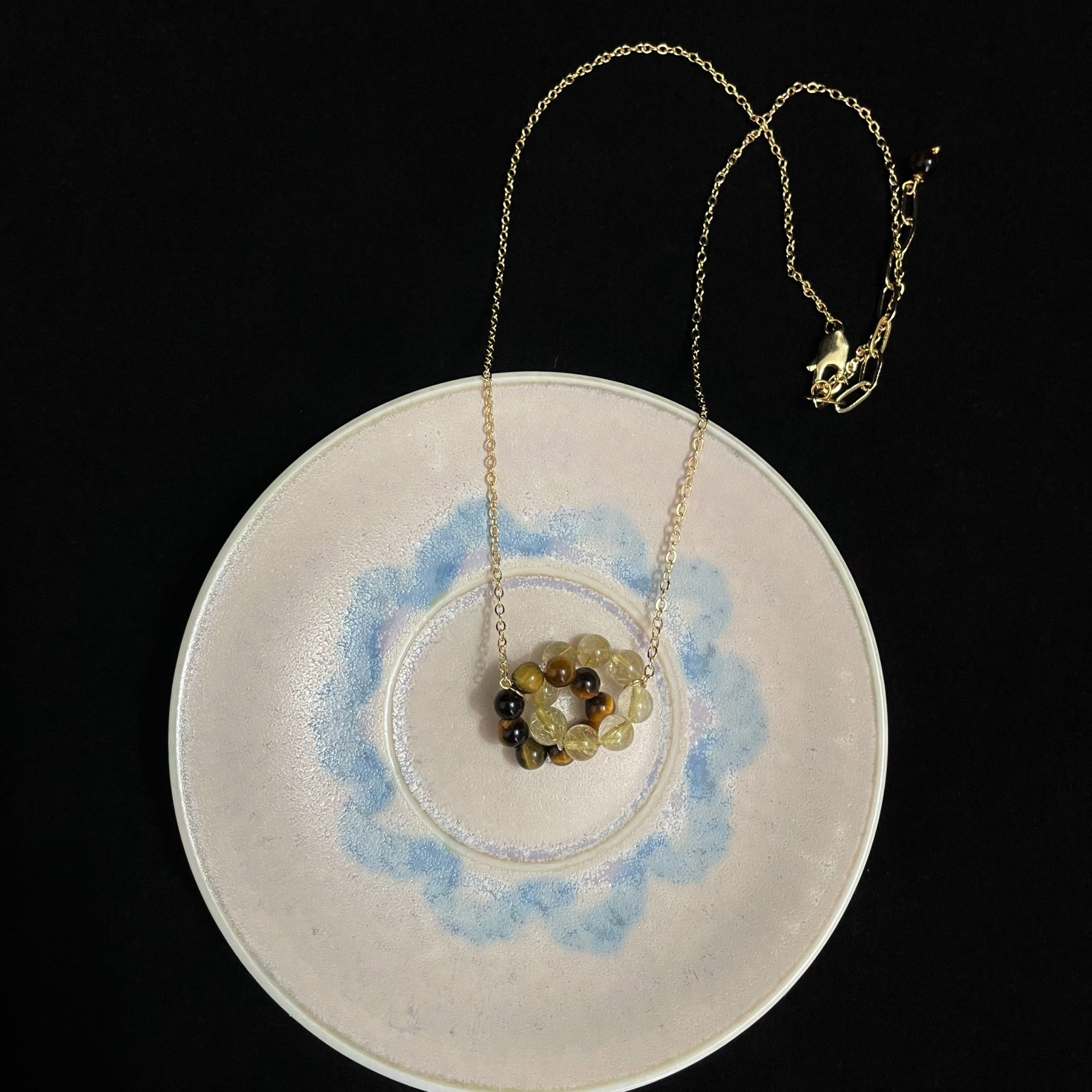 Tiger’s Eye and Gold Rutilated Dual Ring Charms Necklace