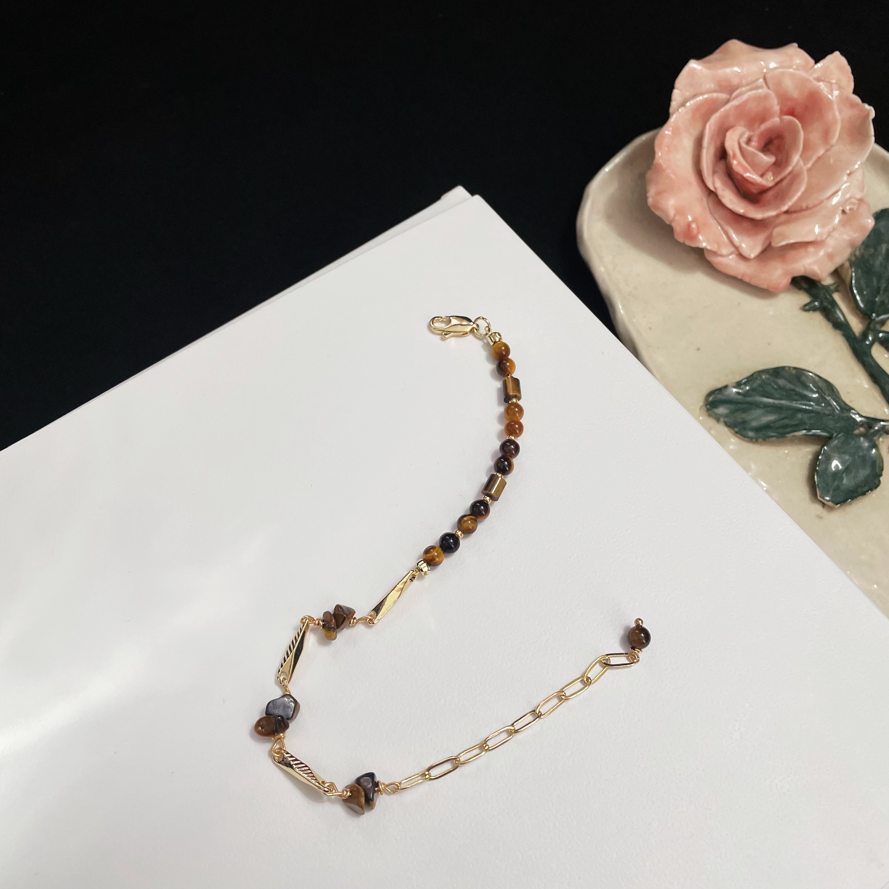 Tiger's Eye Rhombus Faced Connector Asymmetric Bracelet