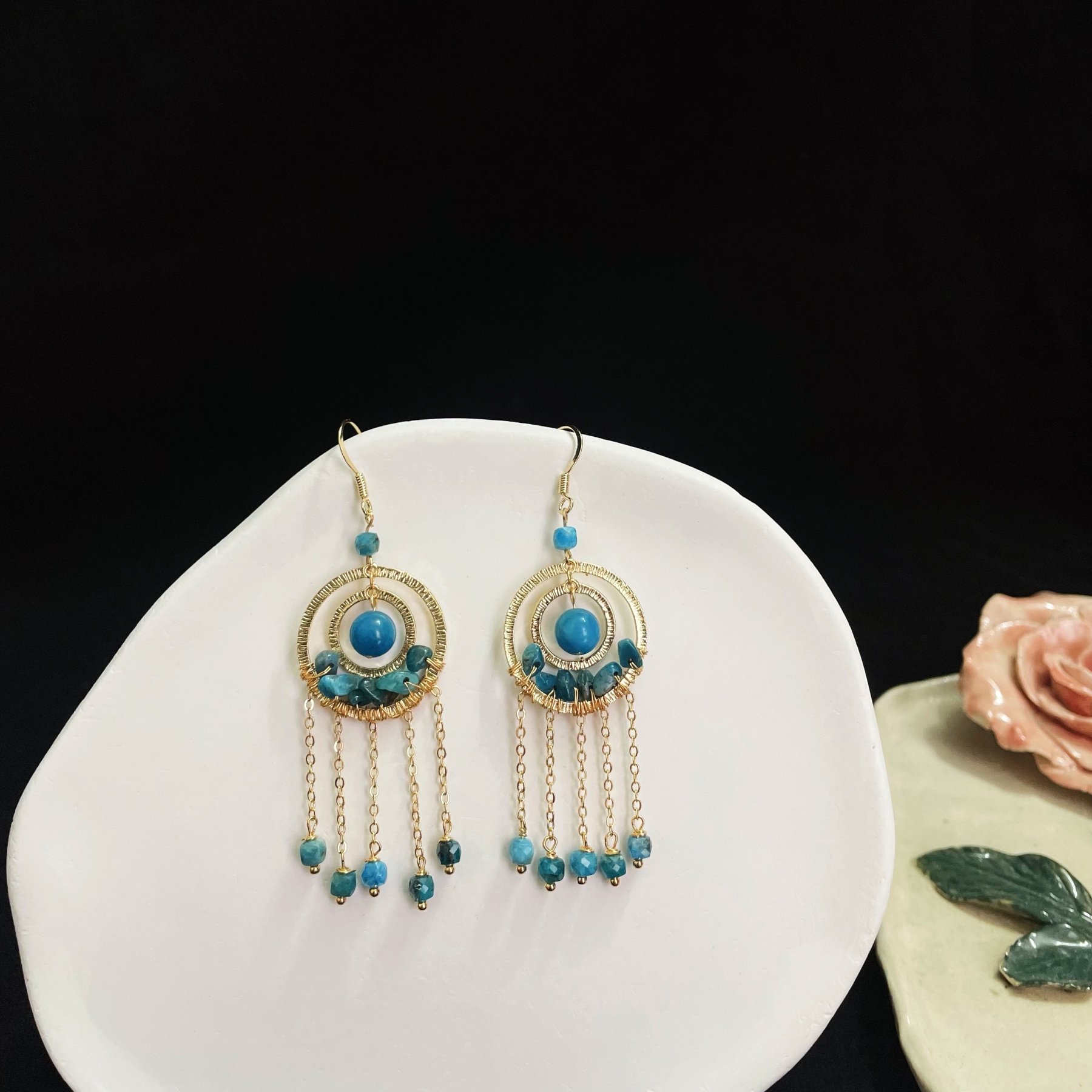 Intricate Dual Rings Blue Apatite Tassel Earrings 