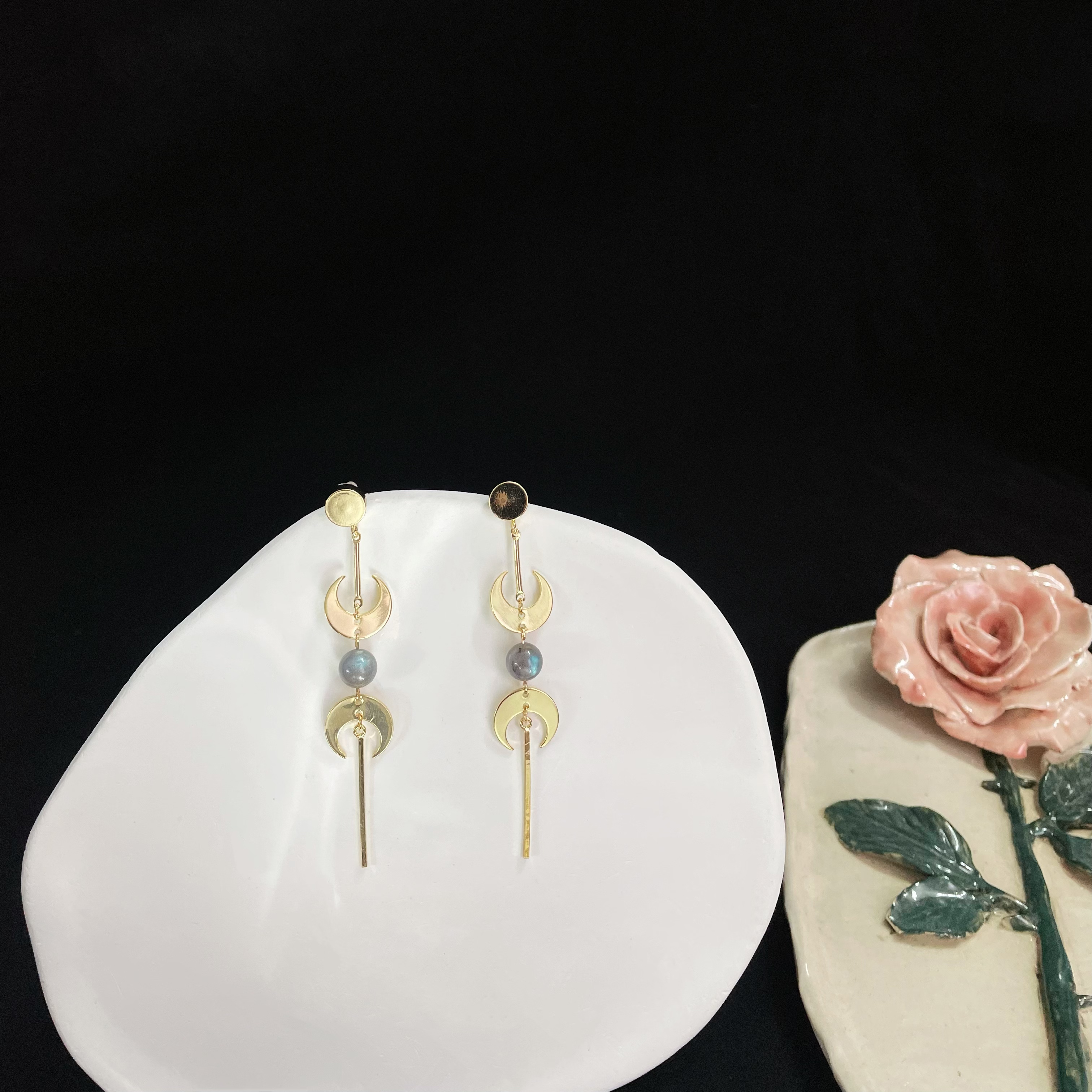 Moons with Labradorite Triple Moon Amulet Inspired Long Earrings