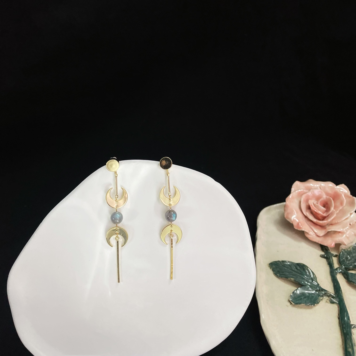 Moons with Labradorite Triple Moon Amulet Inspired Long Earrings