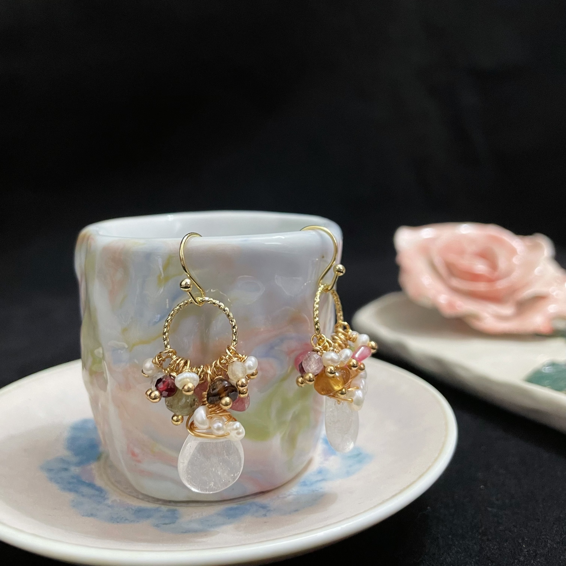 Multi-Gemstone Cluster Earrings with Clear Quartz Drop 