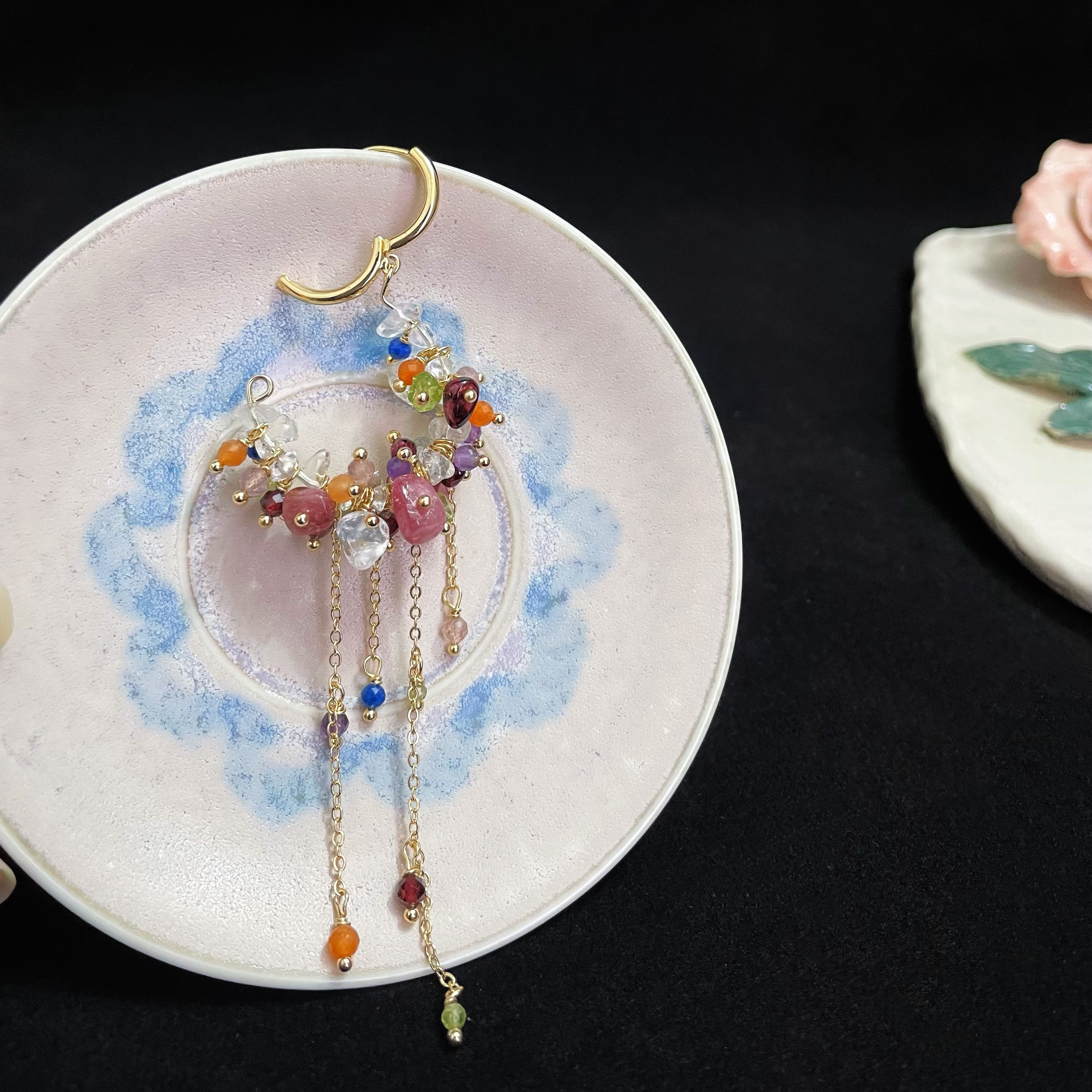 Spring Garden Multiple Gemstone Cluster Loop Earrings with Long Gemstone Chain Tassel