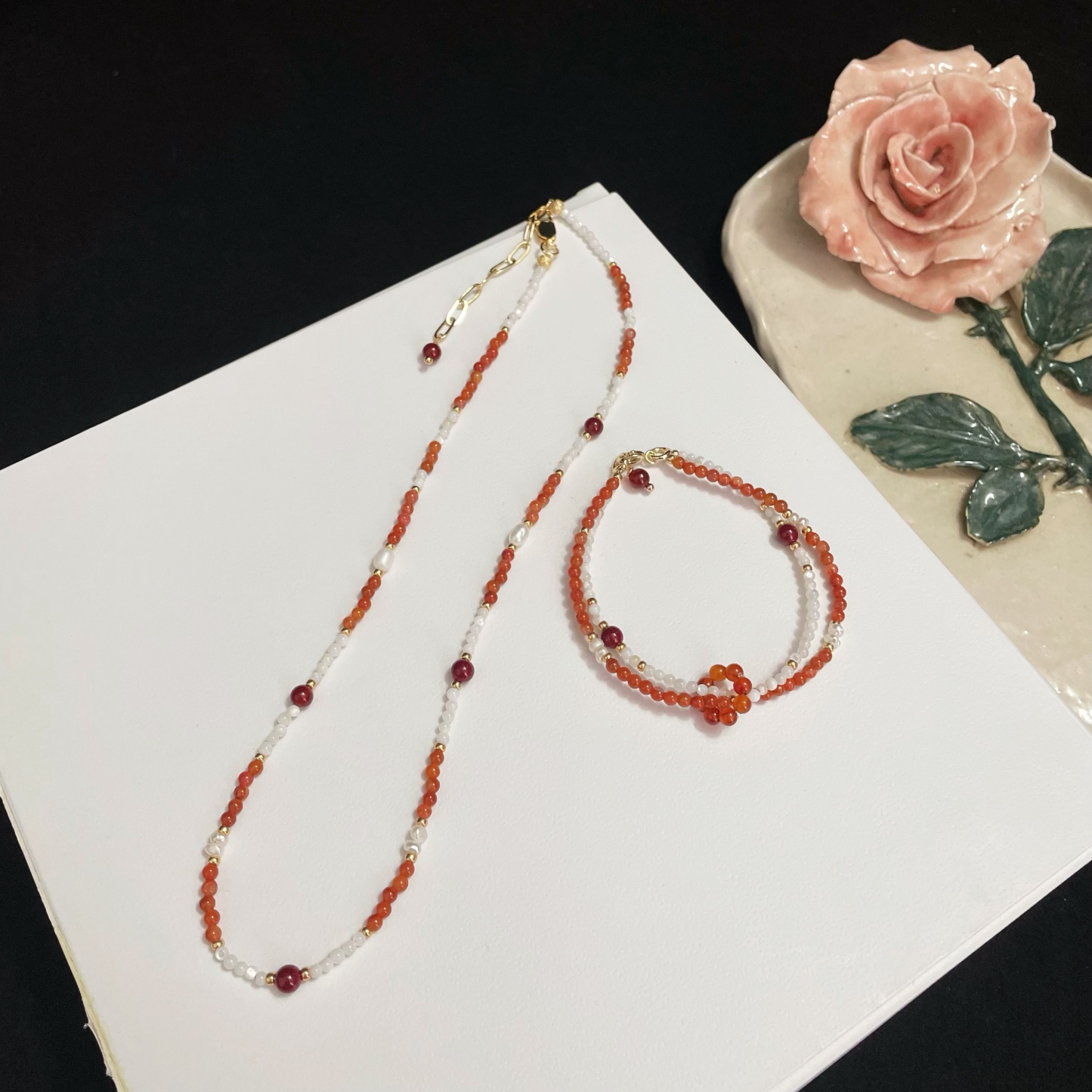 One-Line Beads Necklace with Trochus, Carnelian, Freshwater Pearls & Cinnabar