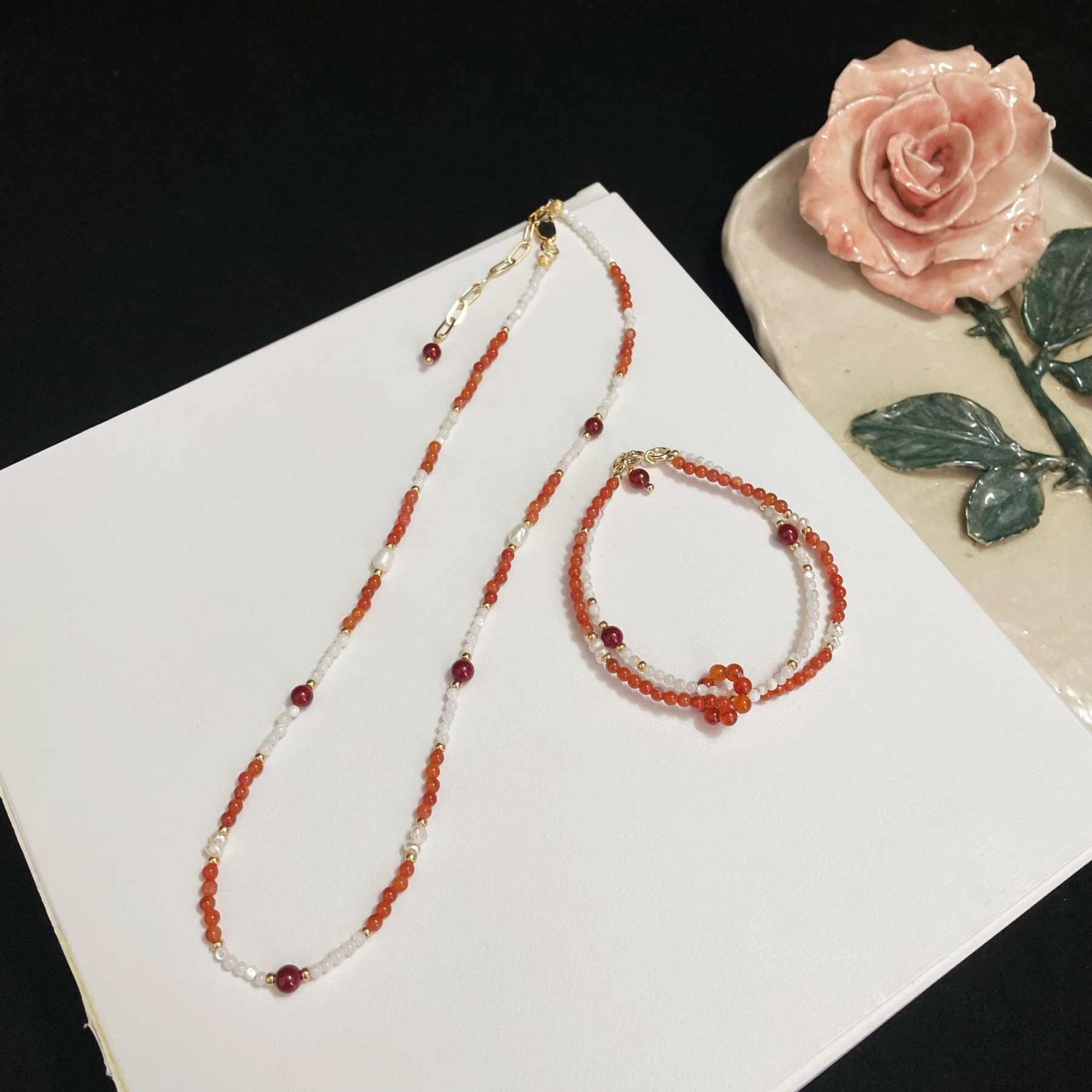 One-Line Beads Necklace with Trochus, Carnelian, Freshwater Pearls & Cinnabar