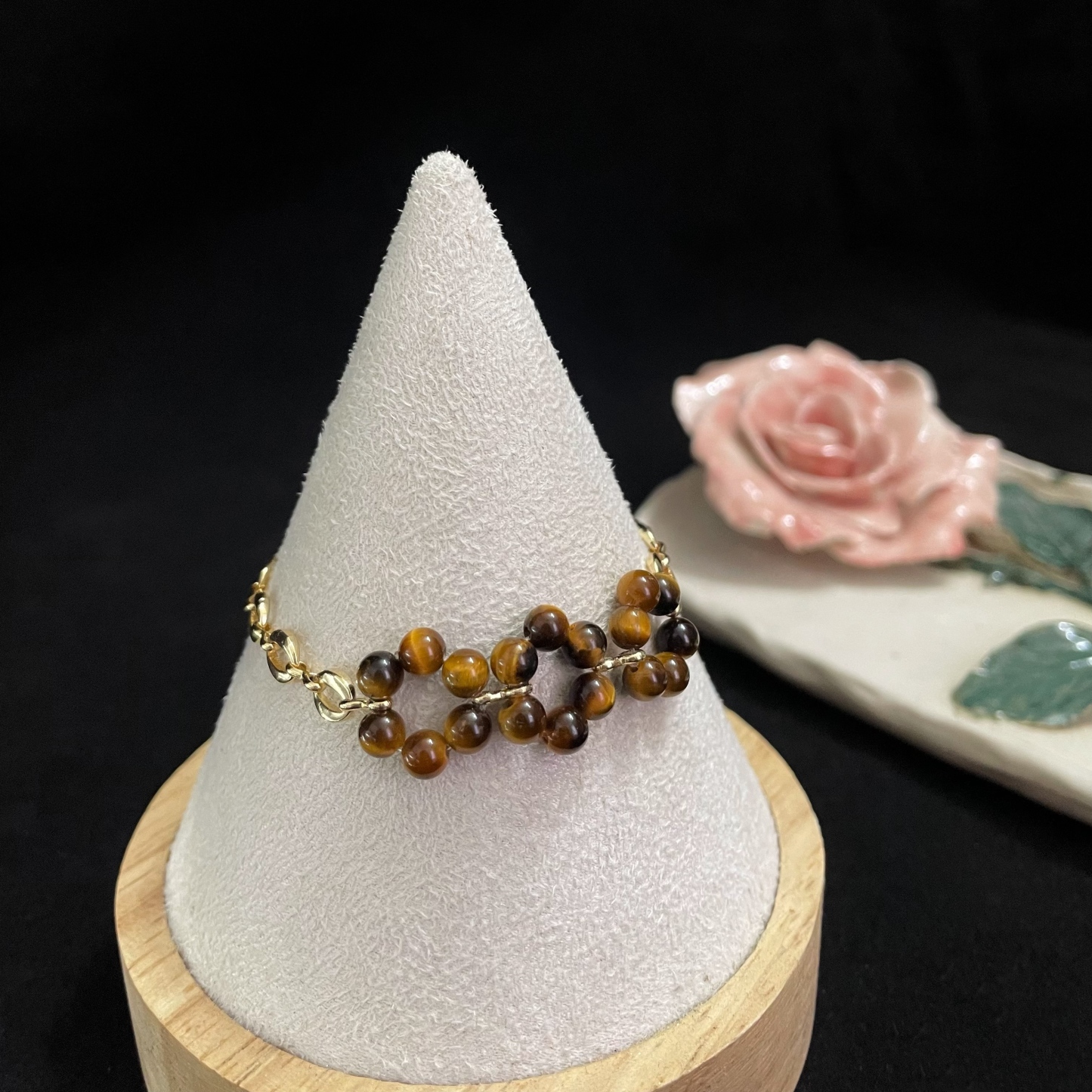 Three Tiger's Eye Beads Rings Center Thick O-Shaped Chain Bracelet