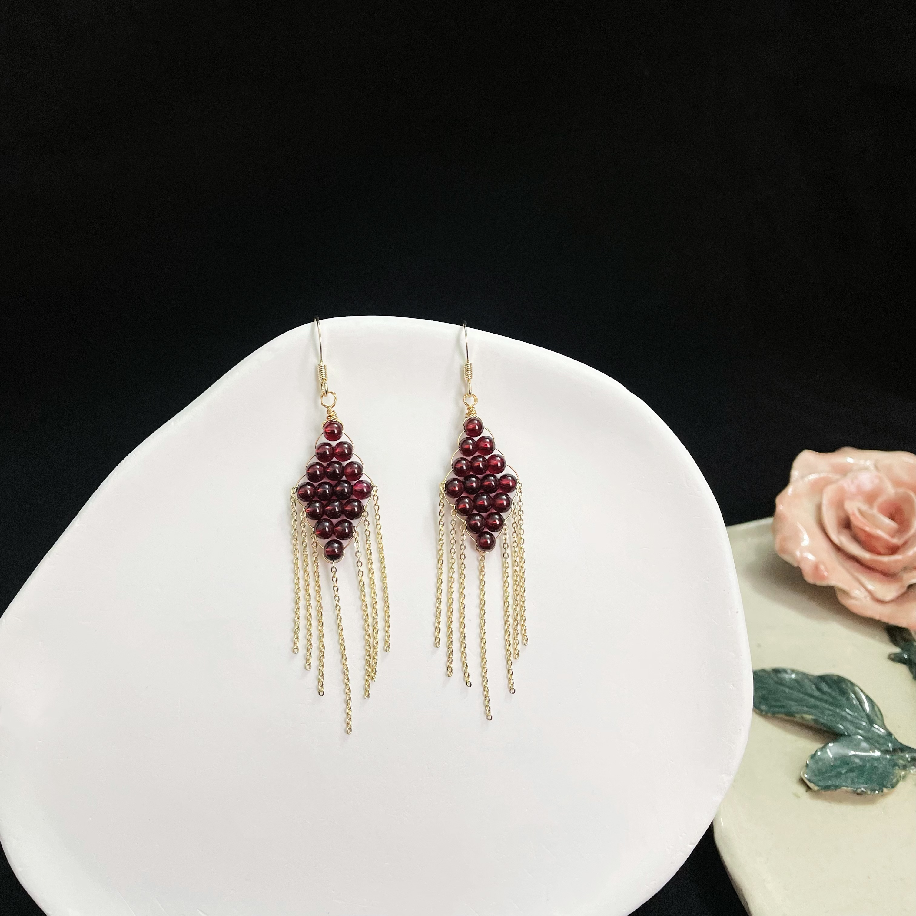 Wine Red Garnet Woven Rhombus with Tassels Earrings