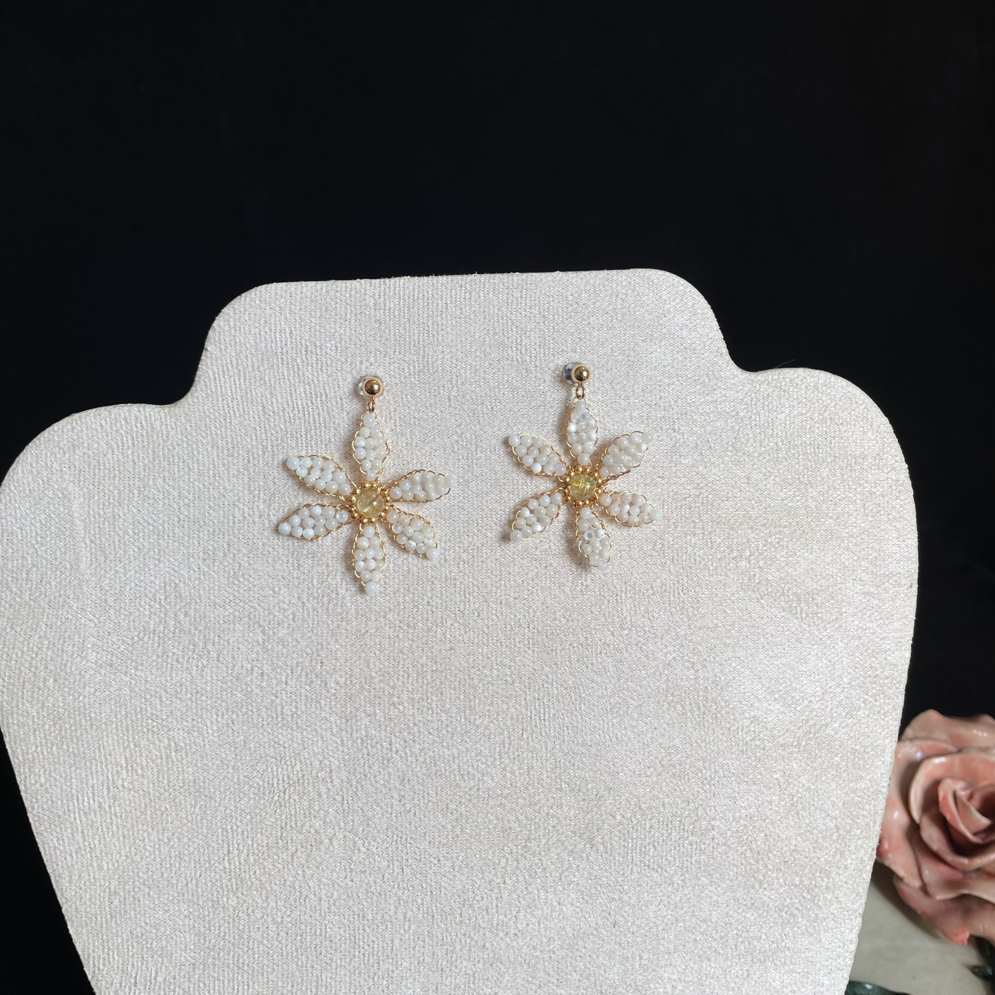 White Triteleia Laxa Inspired Earrings with Gold Rutilated Quartz Center