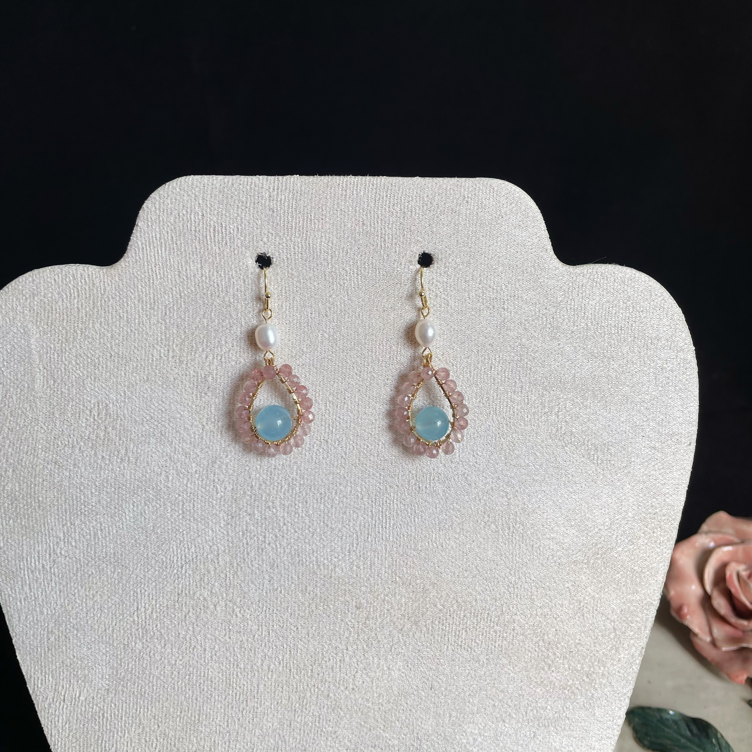 Strawberry Quartz and Aquamarine Teardrop Earrings