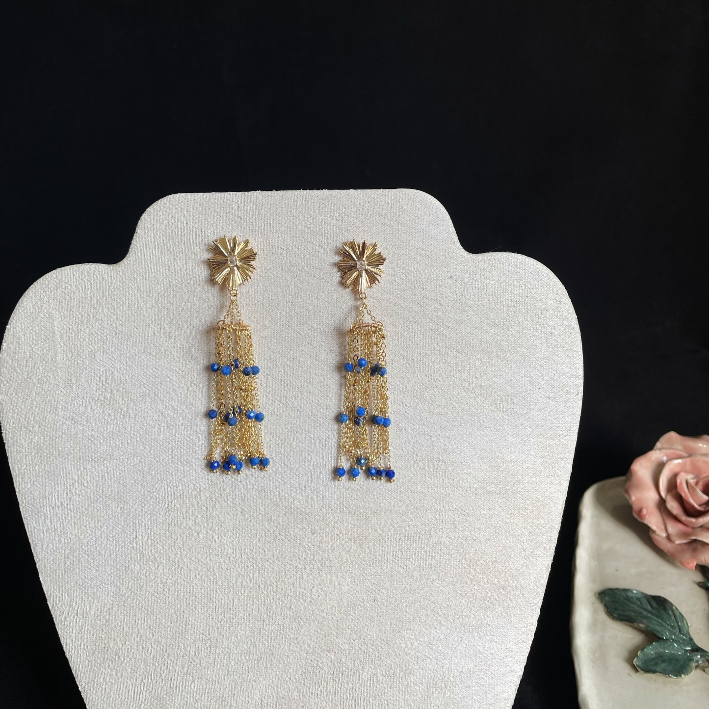 Golden Sunflower Lapis lazuli Tassel Earrings