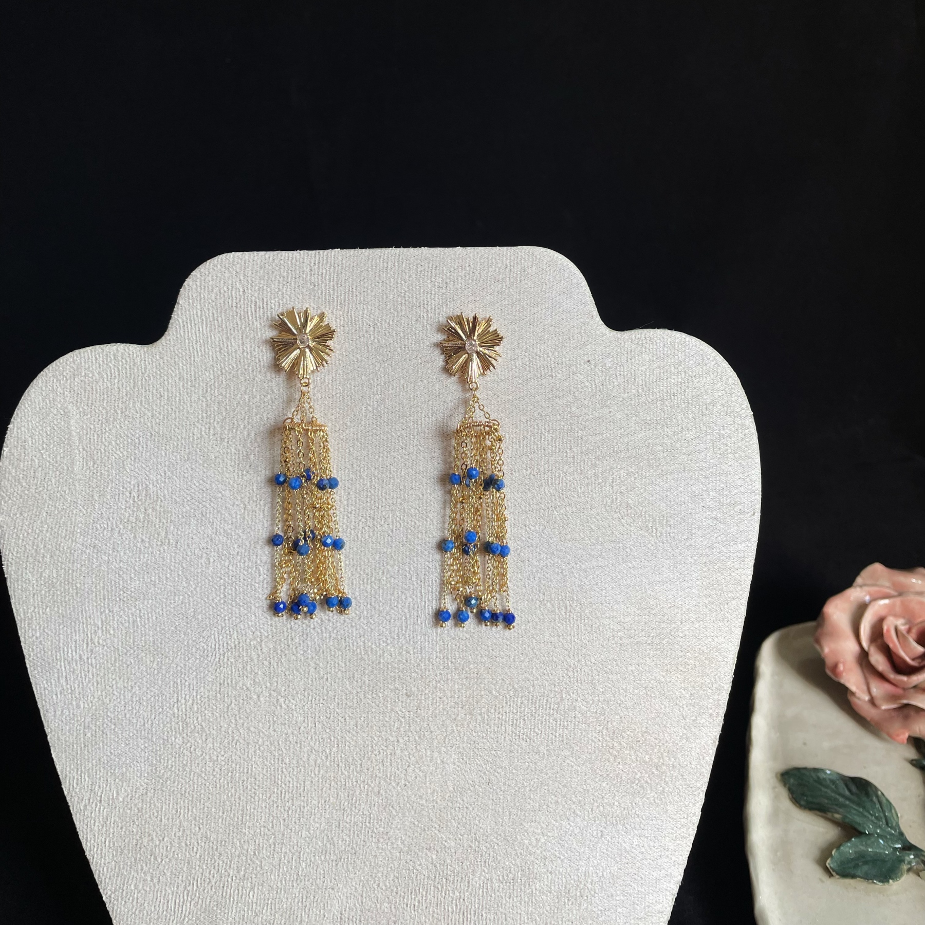 Golden Sunflower Lapis lazuli Tassel Earrings