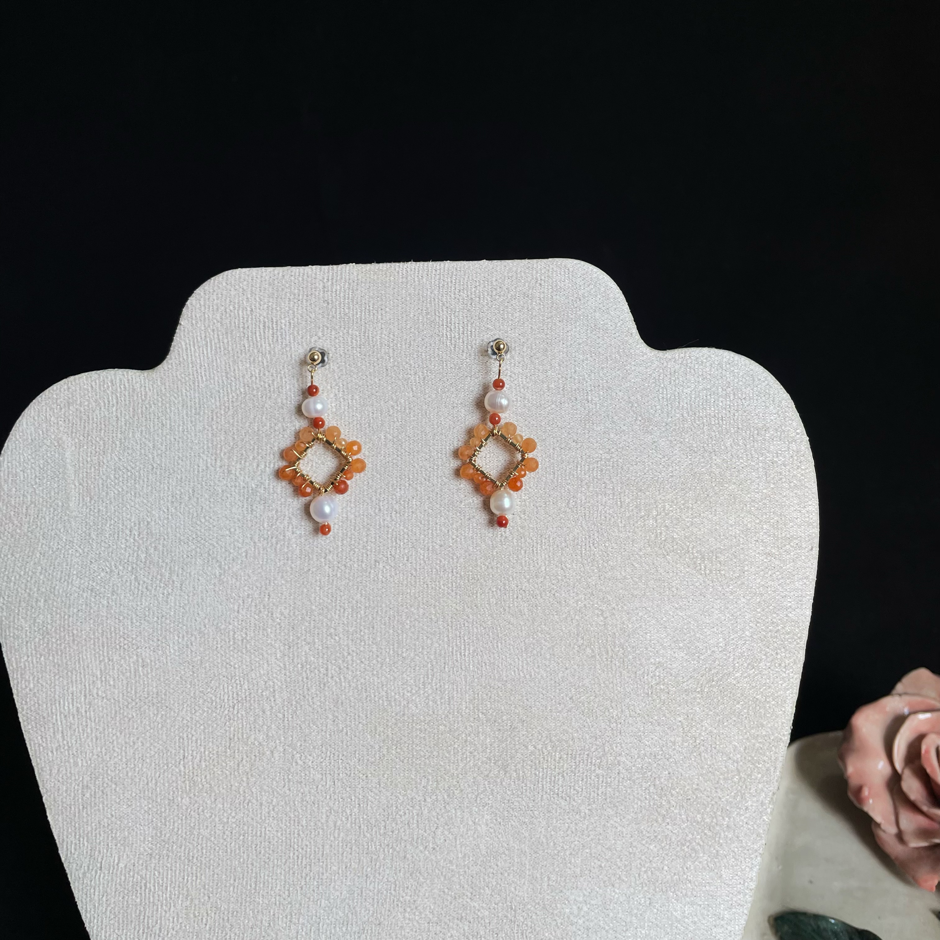 Red Aventurine woven Rhombus with Pearls Earrings