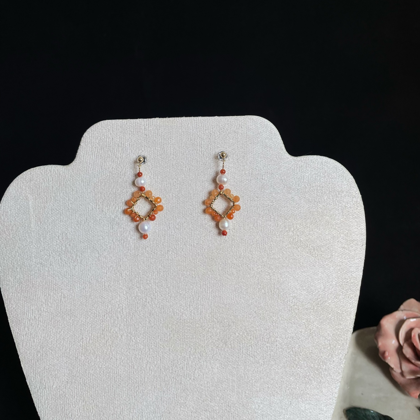 Red Aventurine woven Rhombus with Pearls Earrings