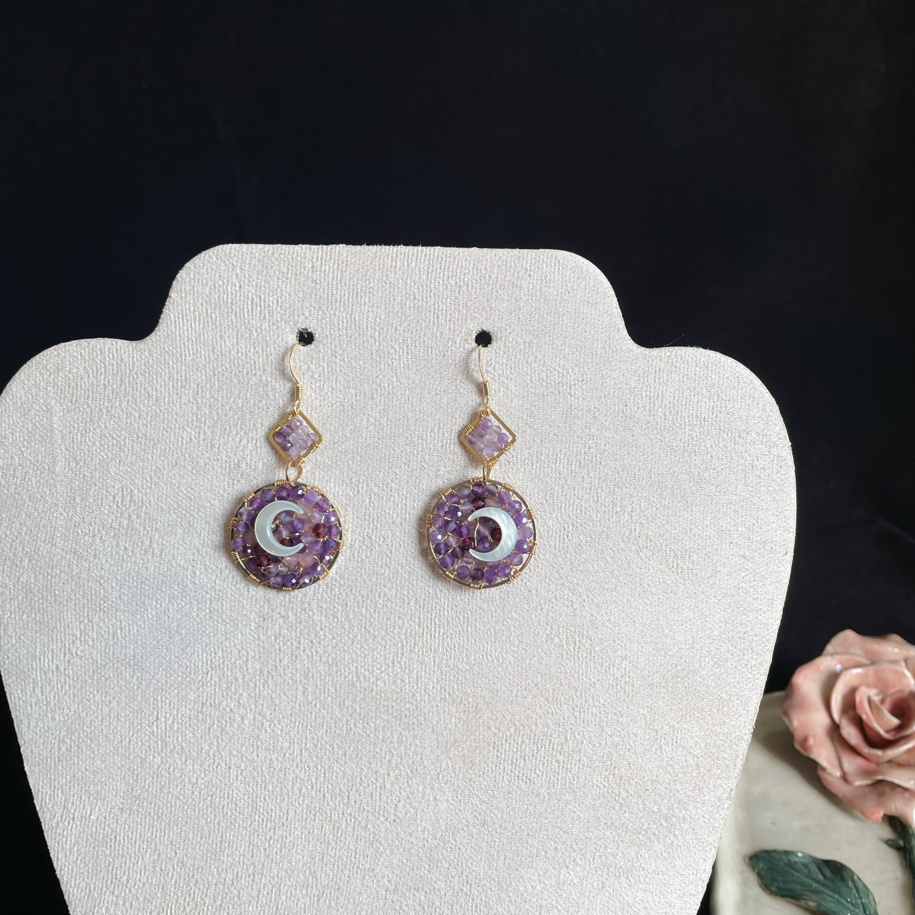 Last Summer's Moon Amethyst woven with Mother-of-pearl moon Earrings