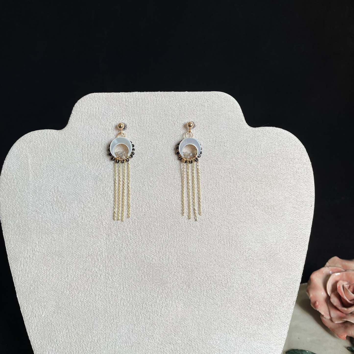 Black Spinel Woven Circle with Mother of Pearl Crescent Moon Earrings