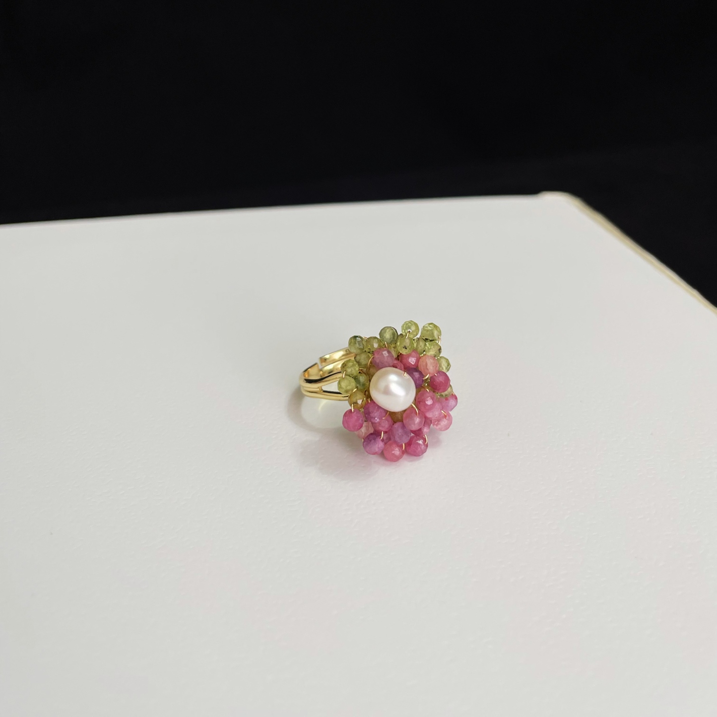 Handcrafted Spring Blossom Peridot Pink Tourmaline Cluster with Pearl Centre Ring