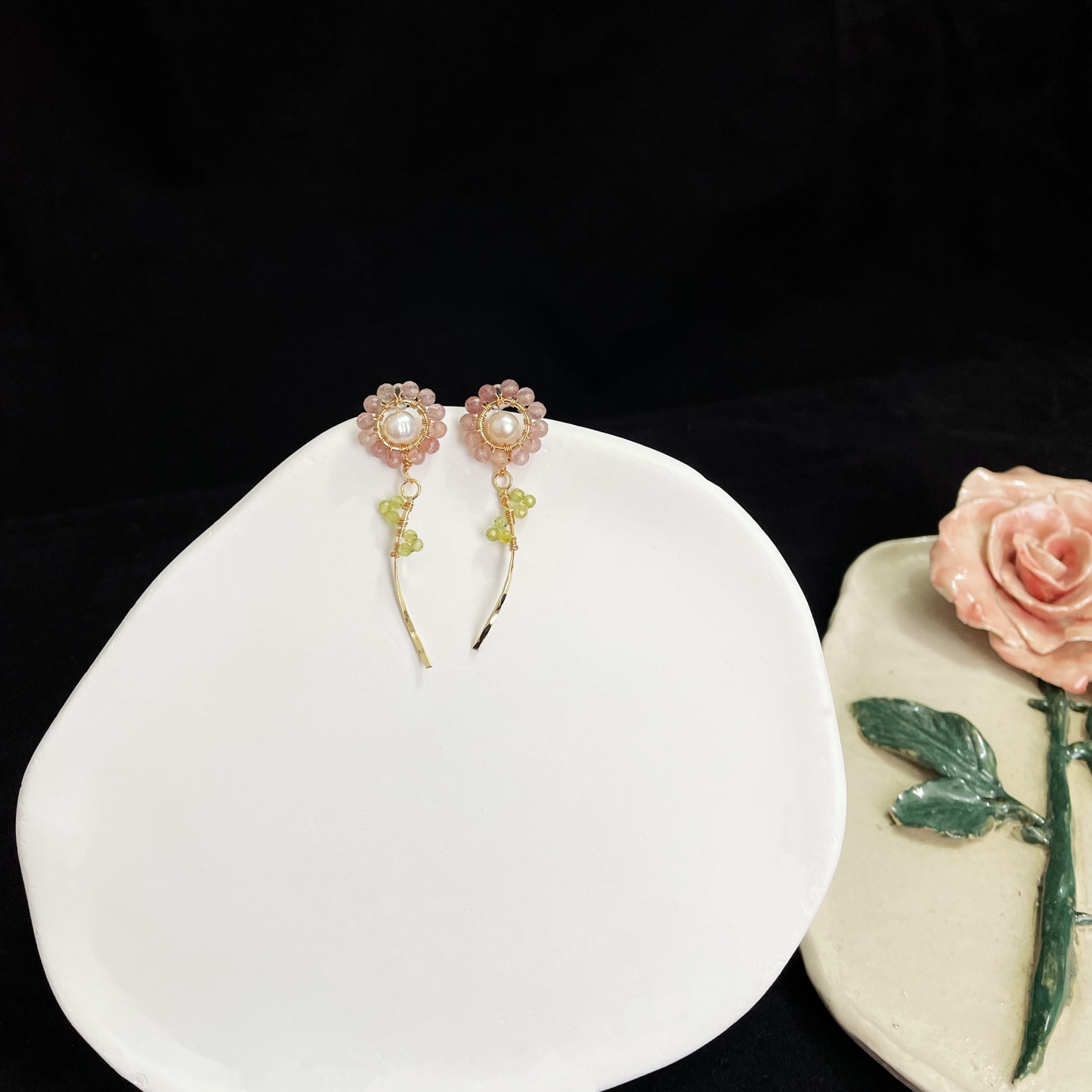 Handcrafted Spring Blossom Strawberry Quartz Flower with Pearl Core Earrings