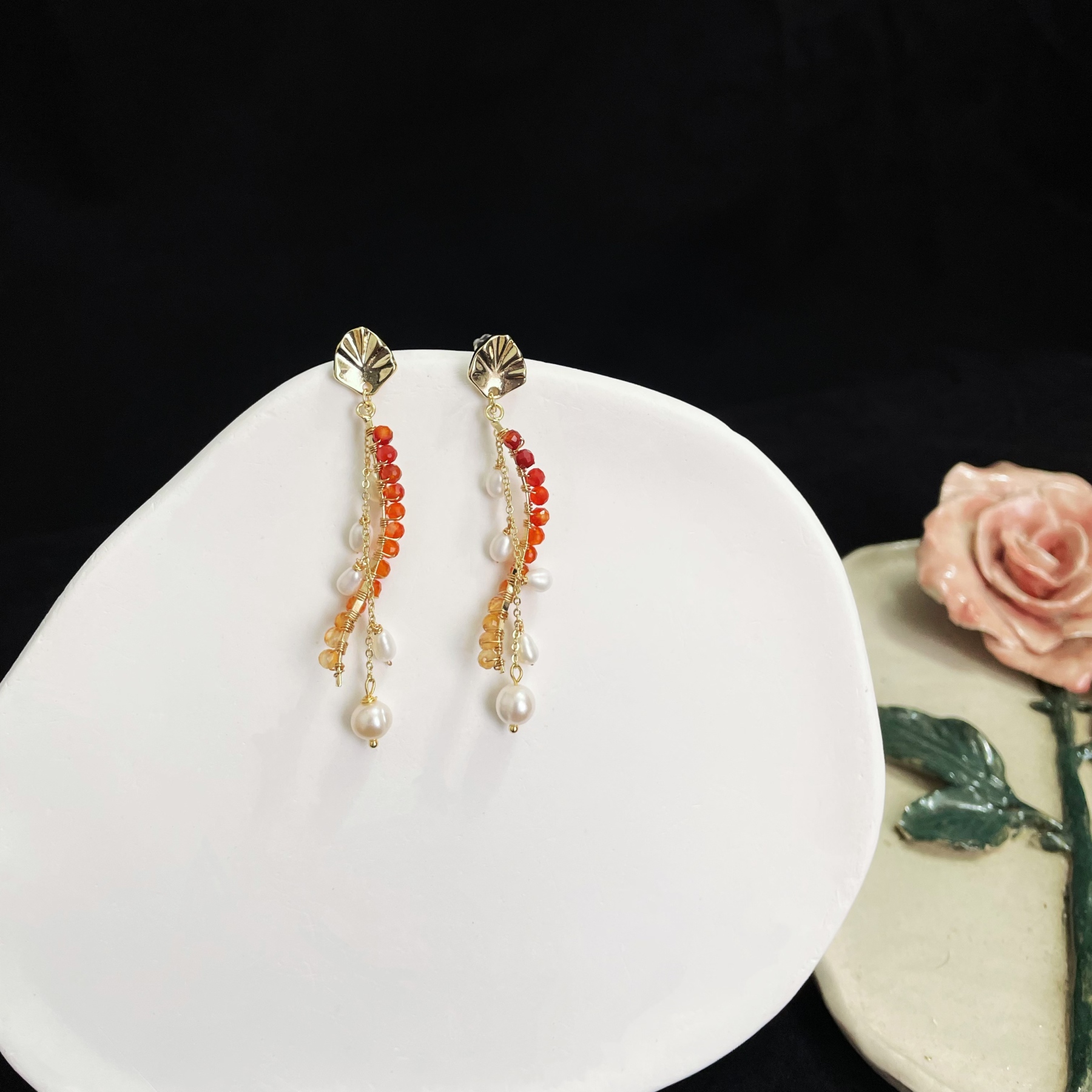 Handcrafted Red Agate and Pearl Tassel Drop Earrings