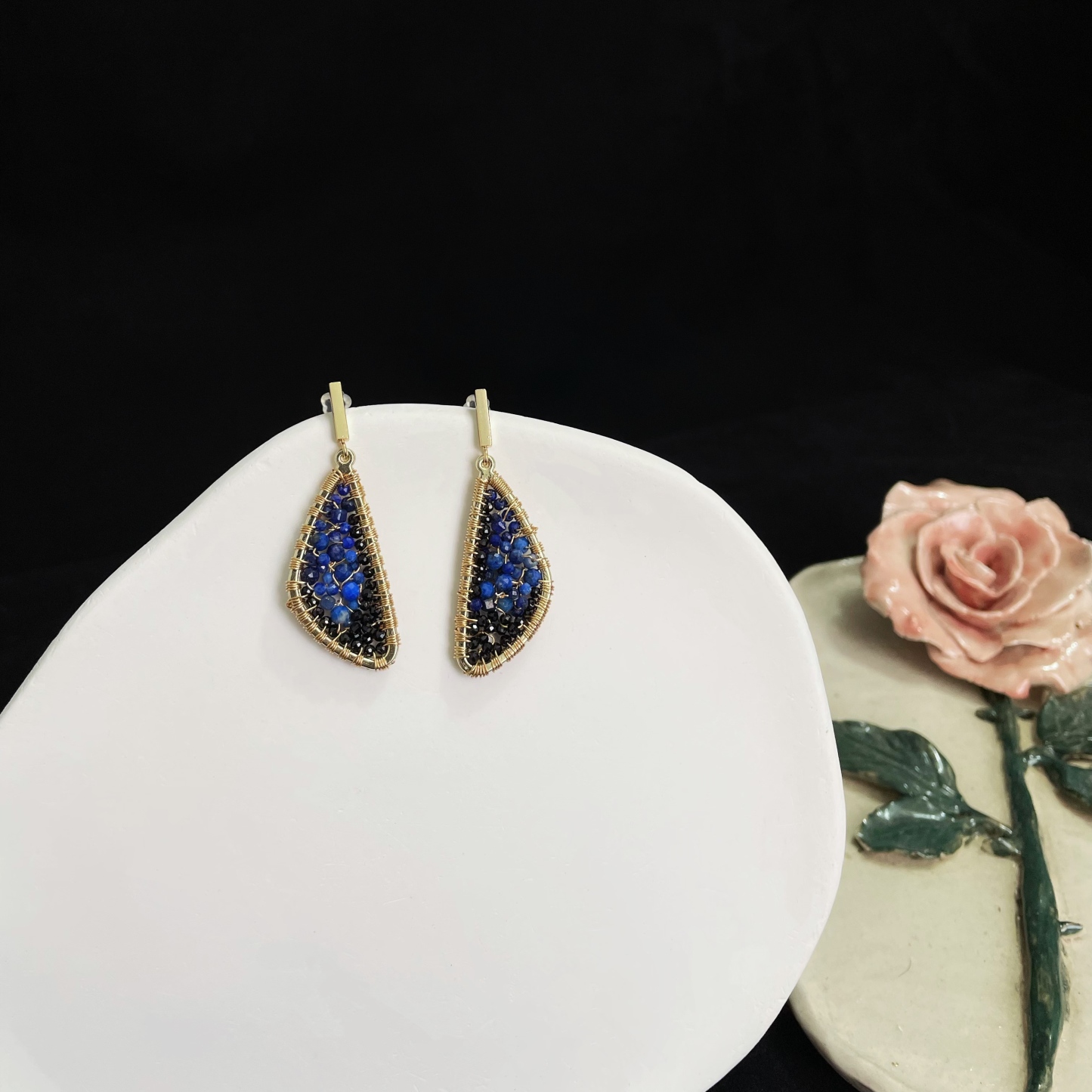 Handcrafted Papilio ulysse Wings Black Spinel and Lapis Lazuli Earrings 