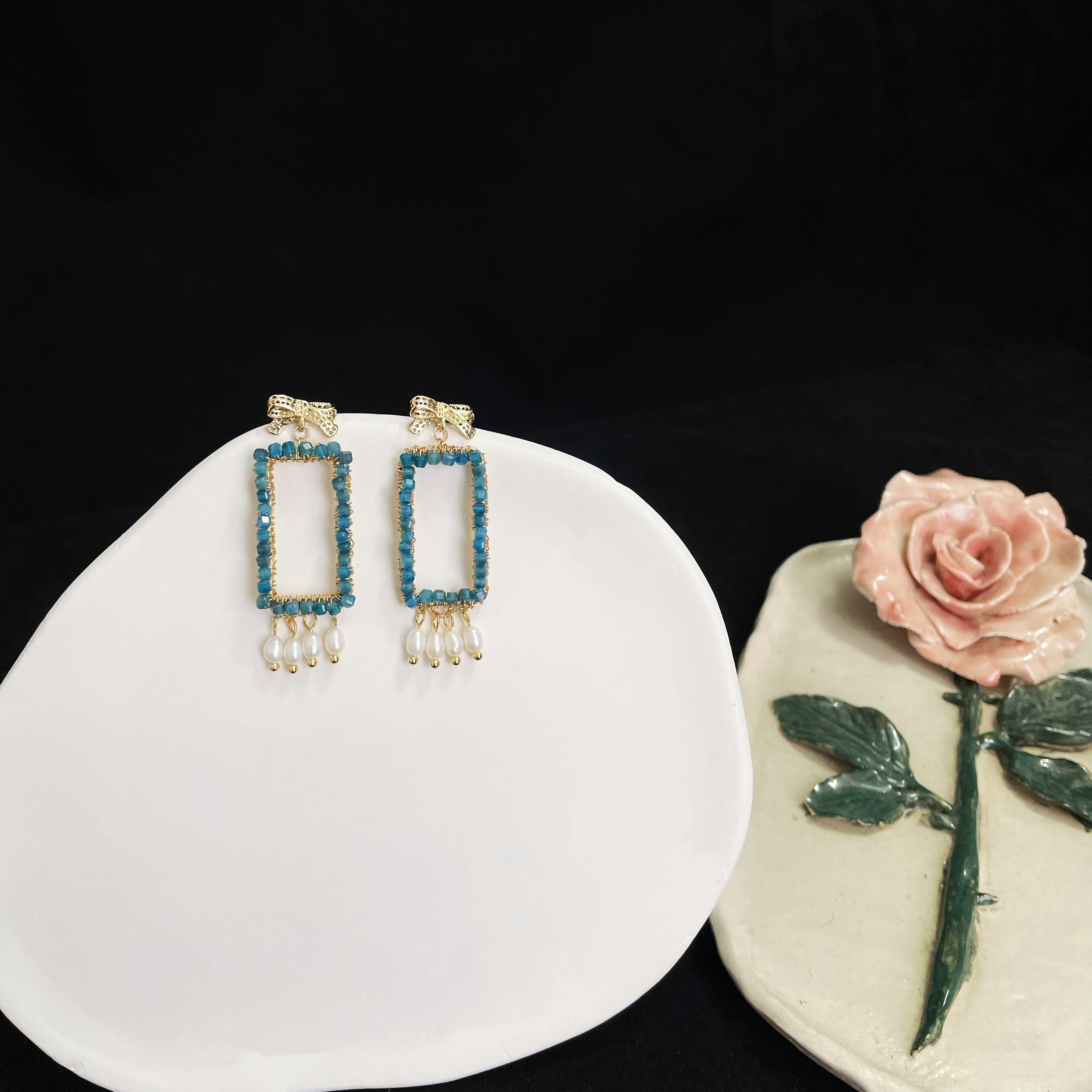 Handcrafted Woven Blue Apatite and Pearls Drop Magic Mirror Earrings