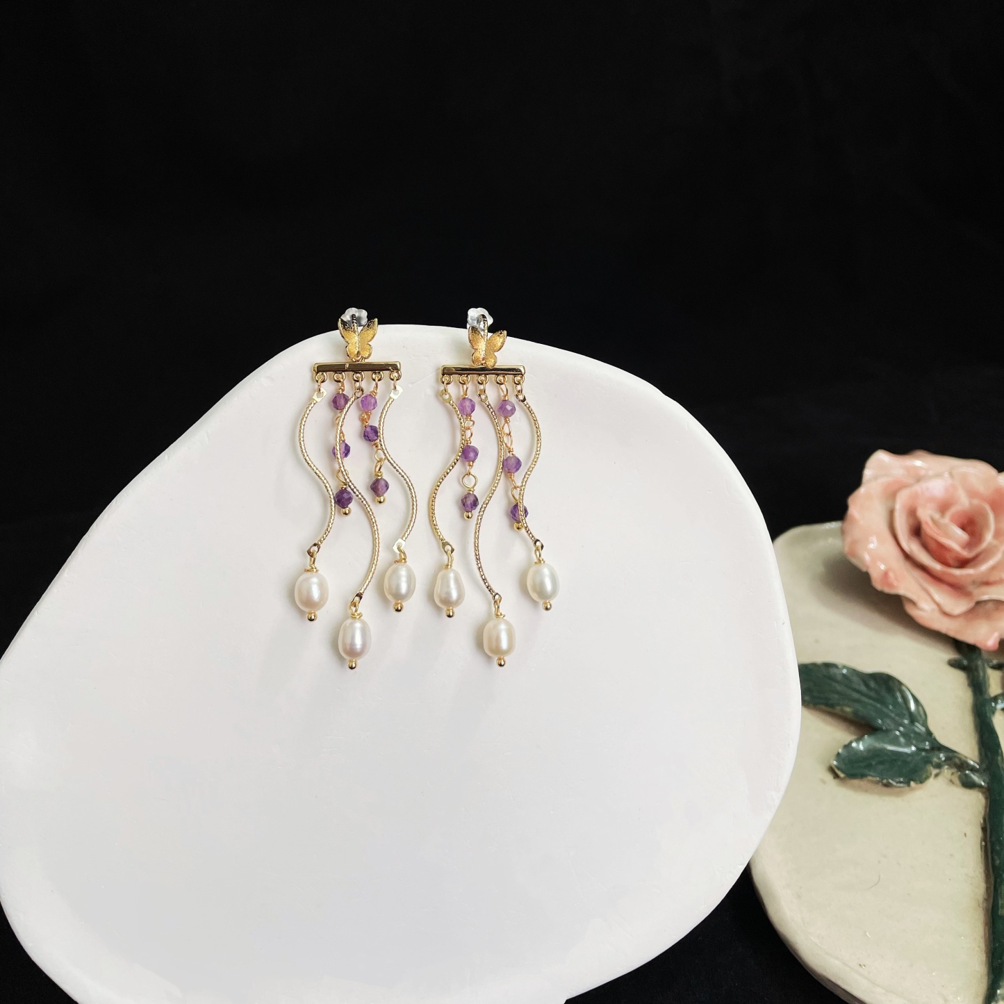 Handcrafted Shining Butterfly with Amethyst and Pearls Tassel Earrings