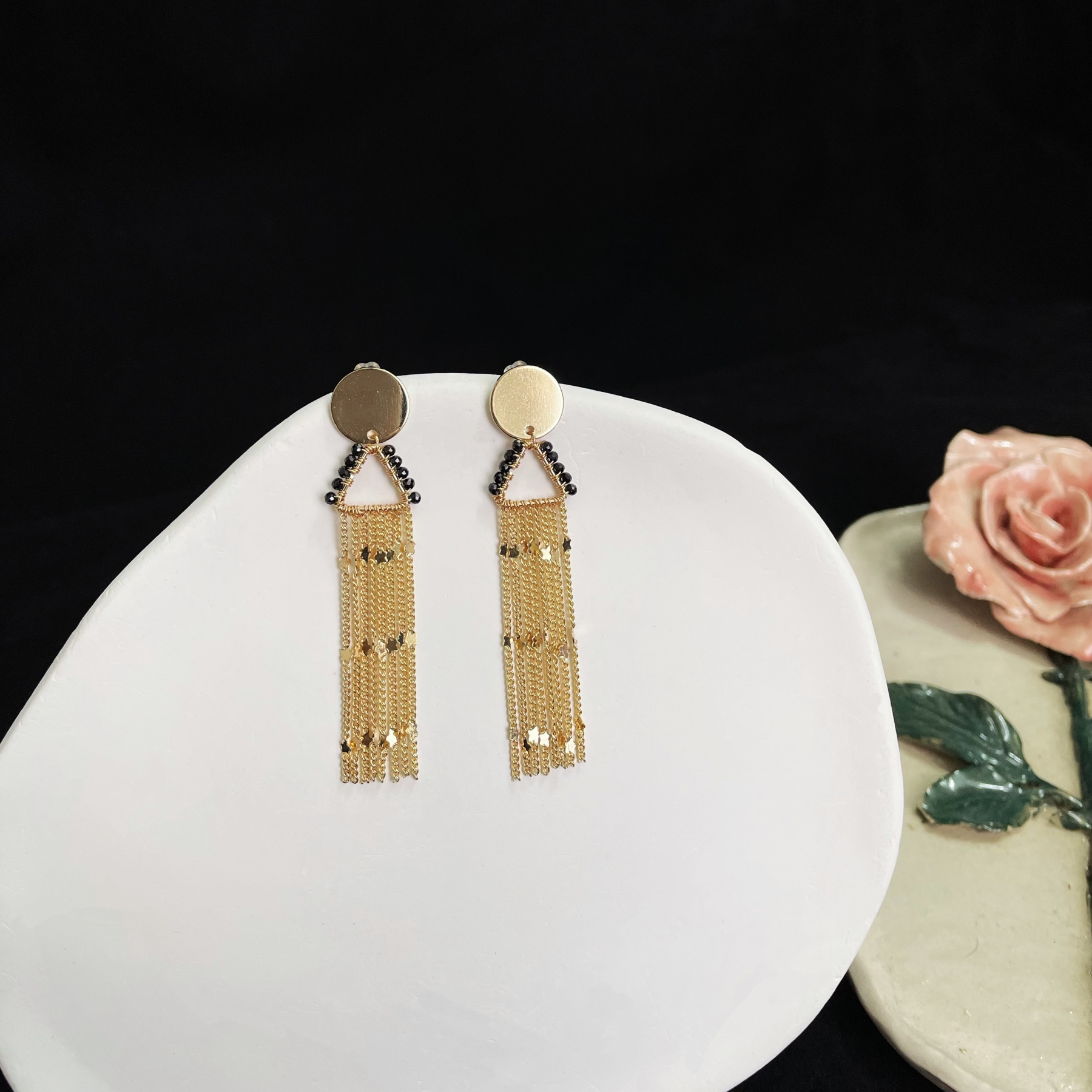 Handcrafted Meteor Shower Black Spinel and Chains tassels Earrings